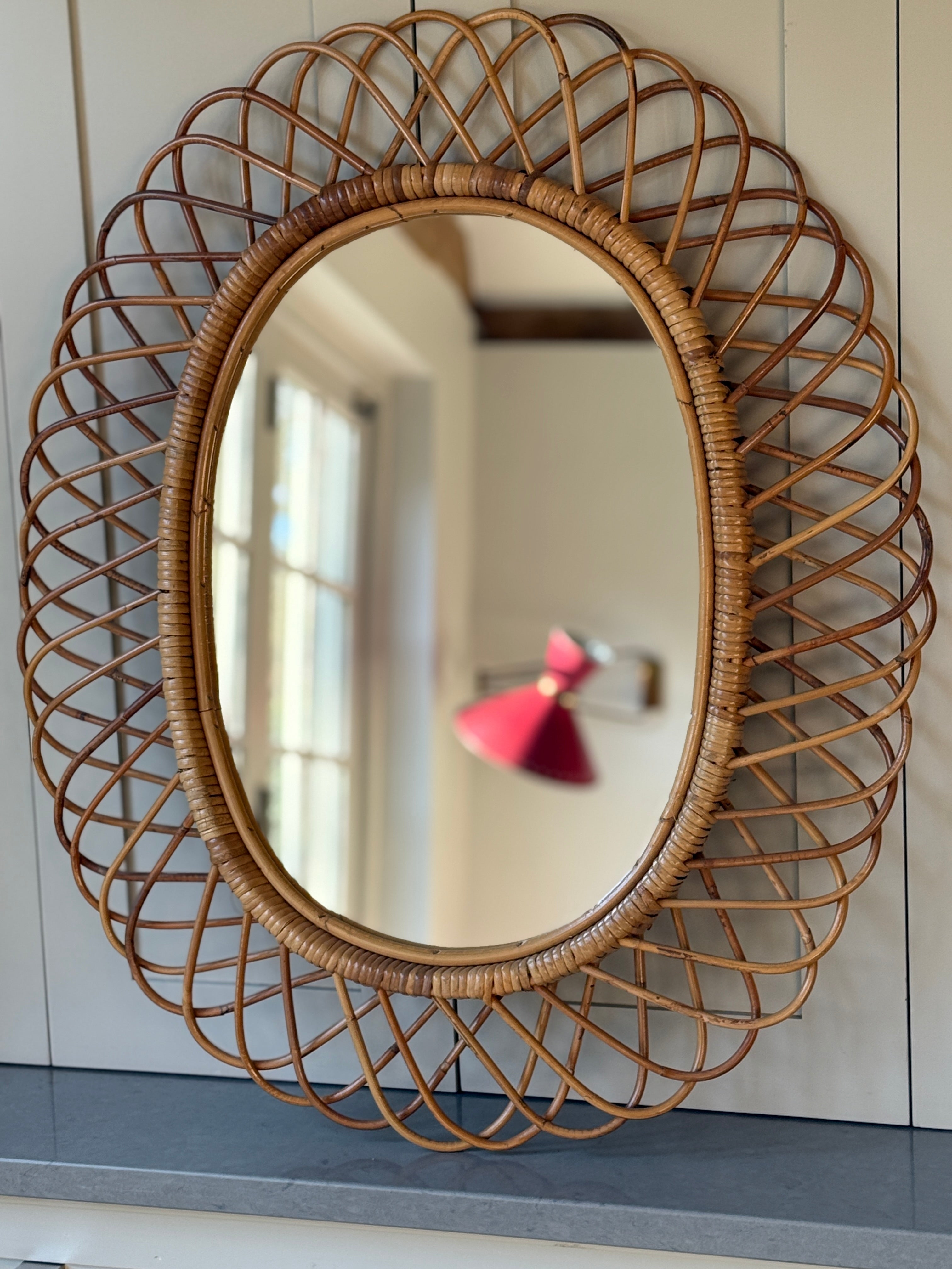 Large Franco Albini Oval Cane Mirror