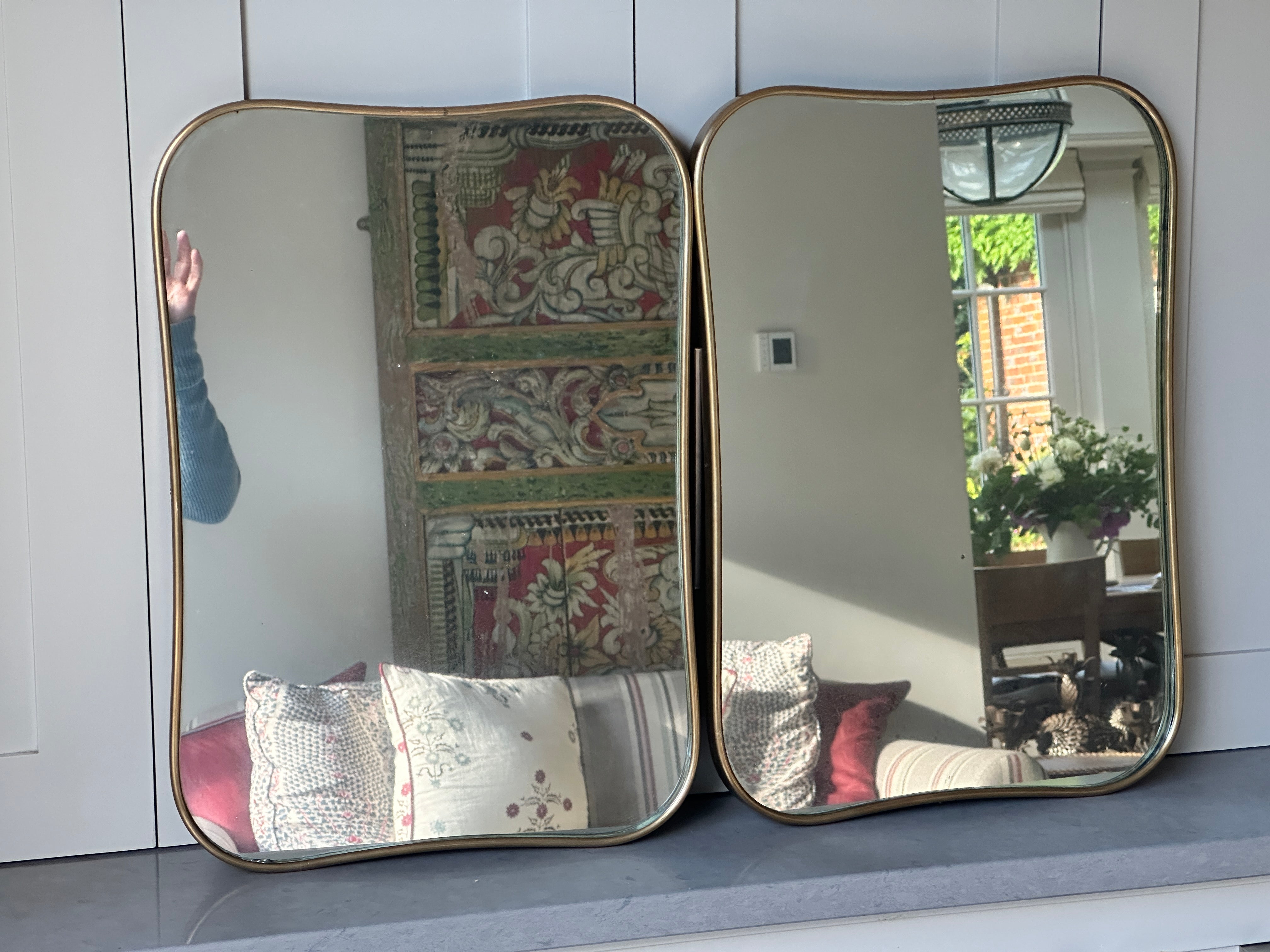 Matching Pair of Small Italian 1950s Brass Shield Mirrors