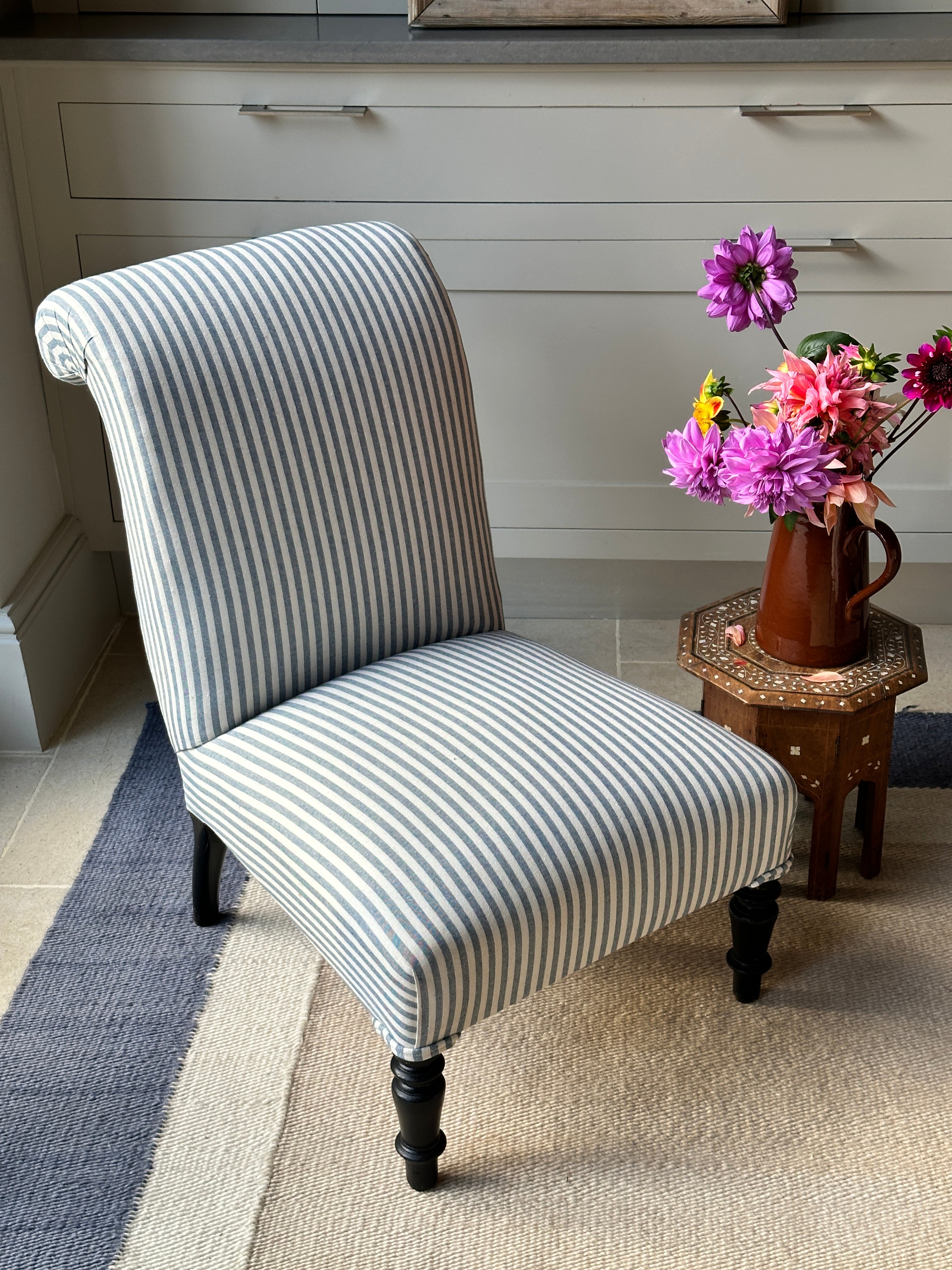 French Scroll back Slipper Chair in Blue & White ticking