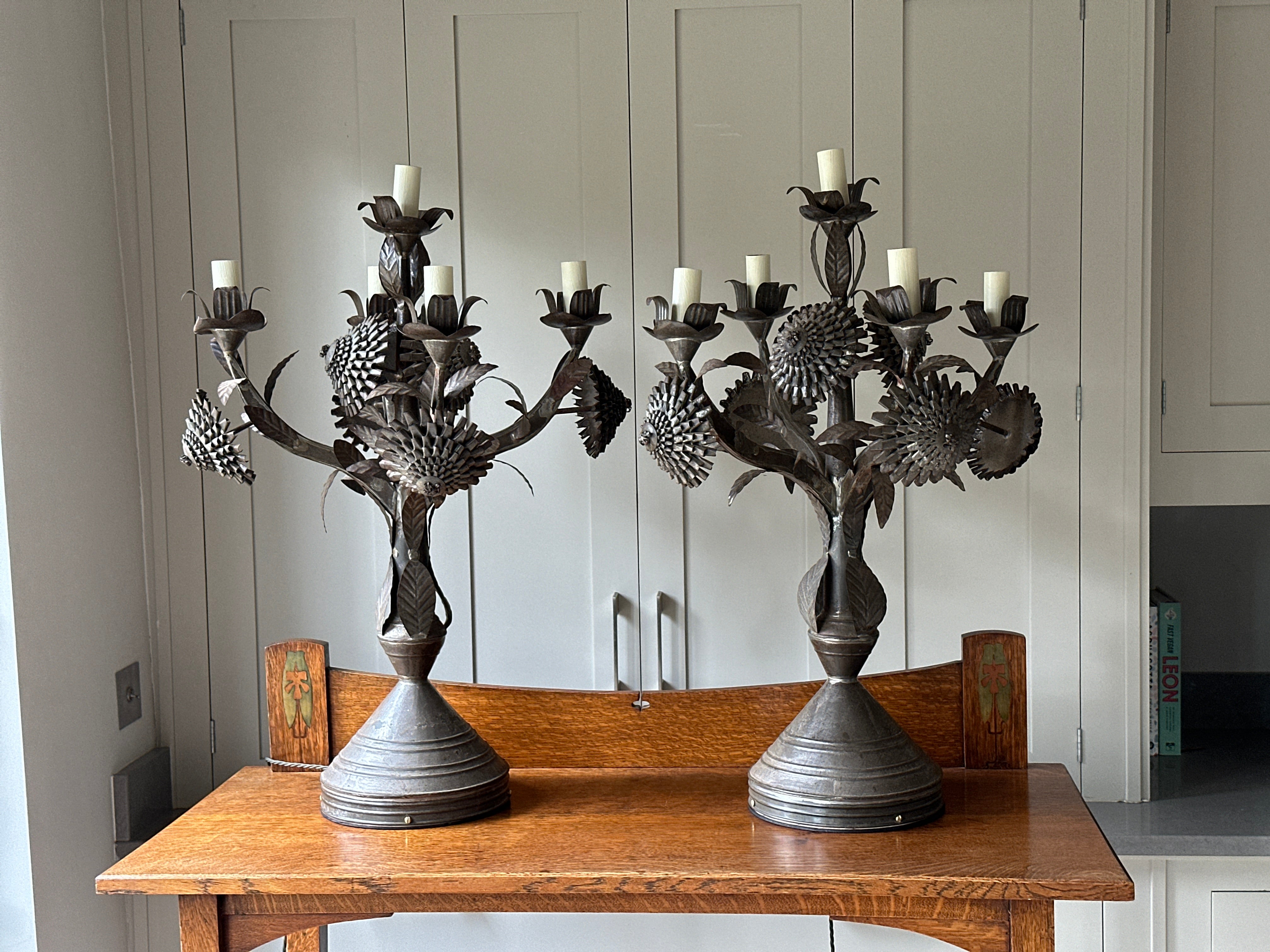 French Pair of Toleware Candelabra Table lamps