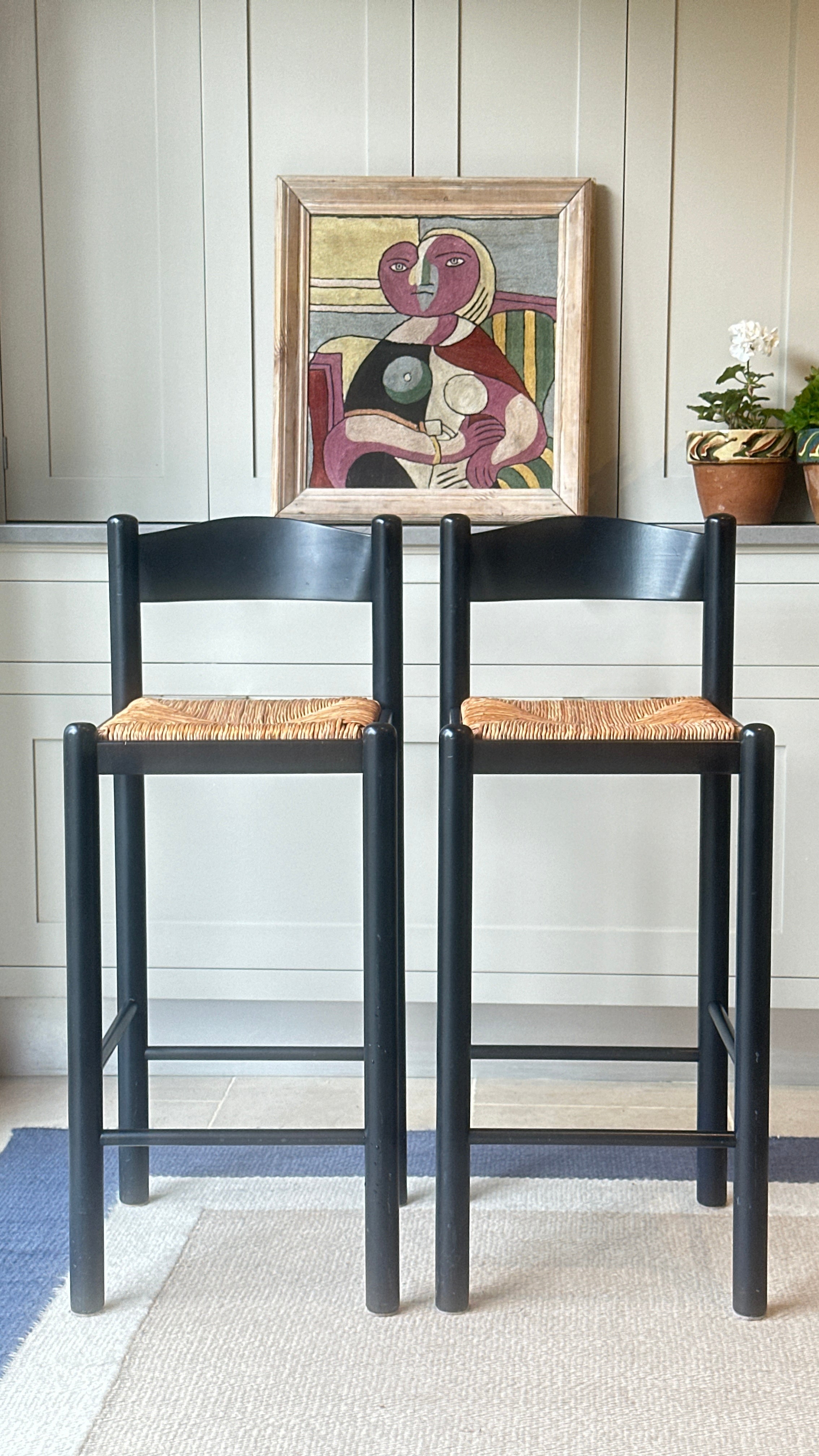 Pair of Vintage Rush Seat Bar Stools in Black