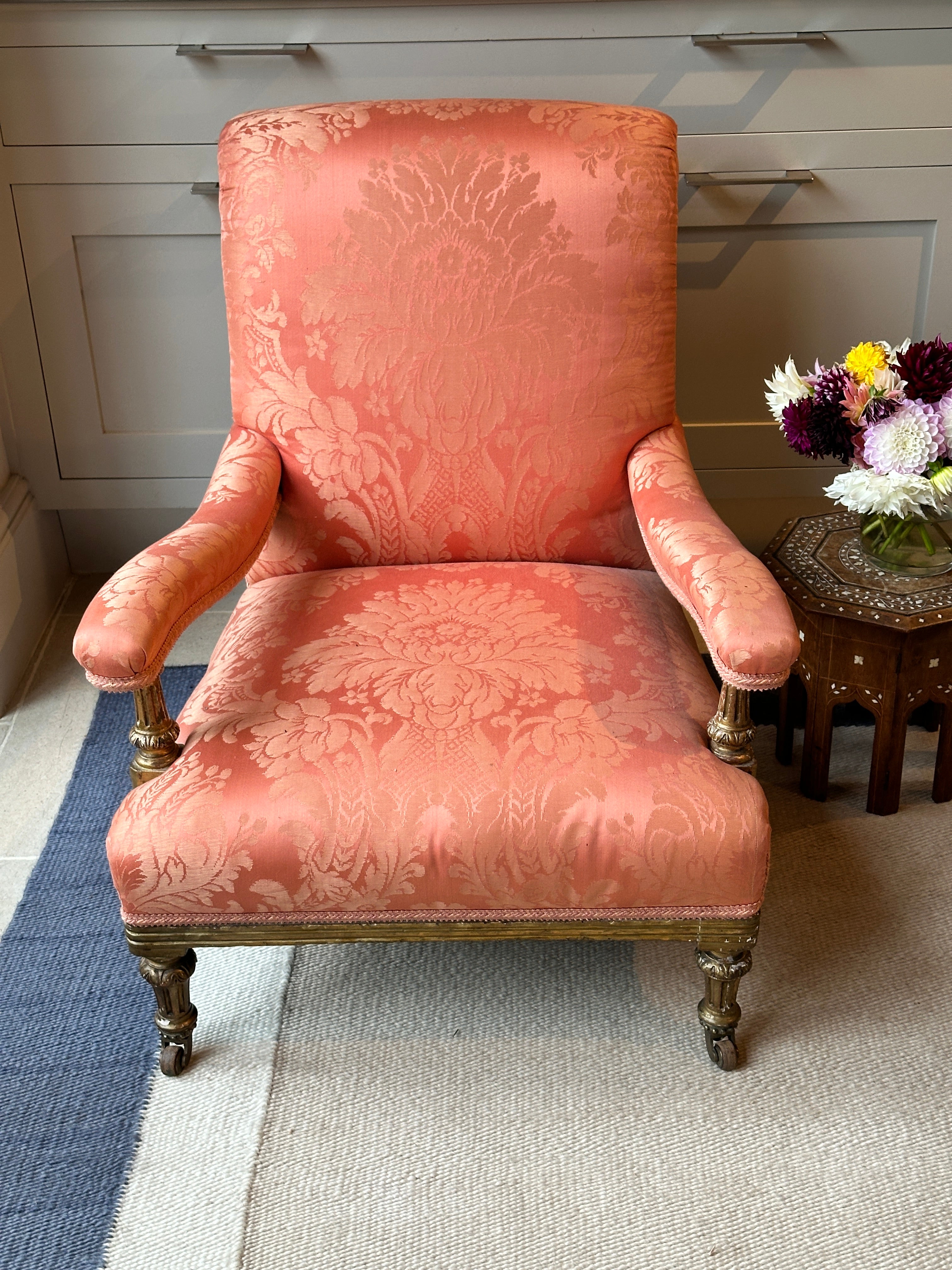 Country House Open Armchair in salmon pink damask.