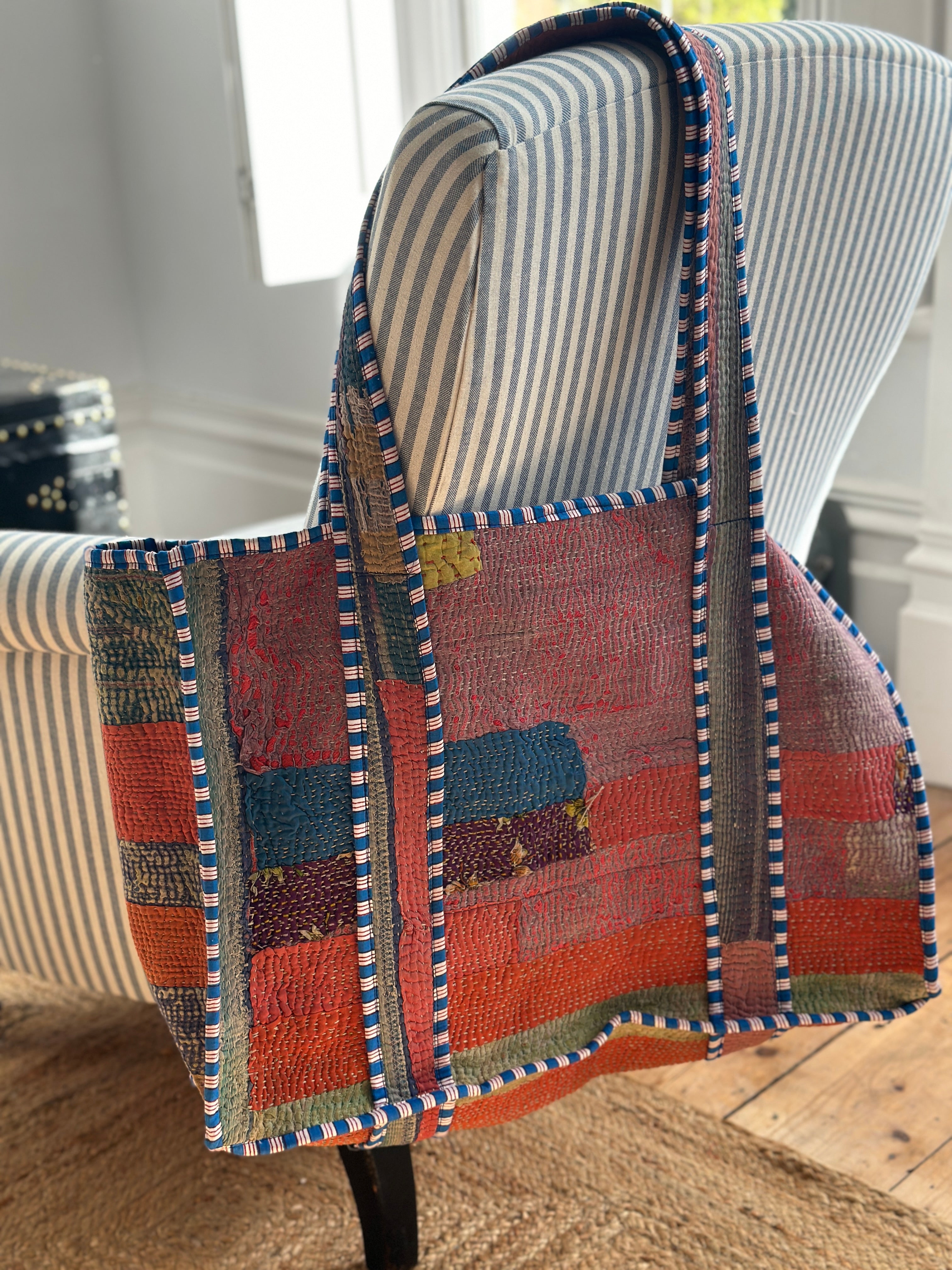 Vintage Indian Kantha Totes with Stripy Piping