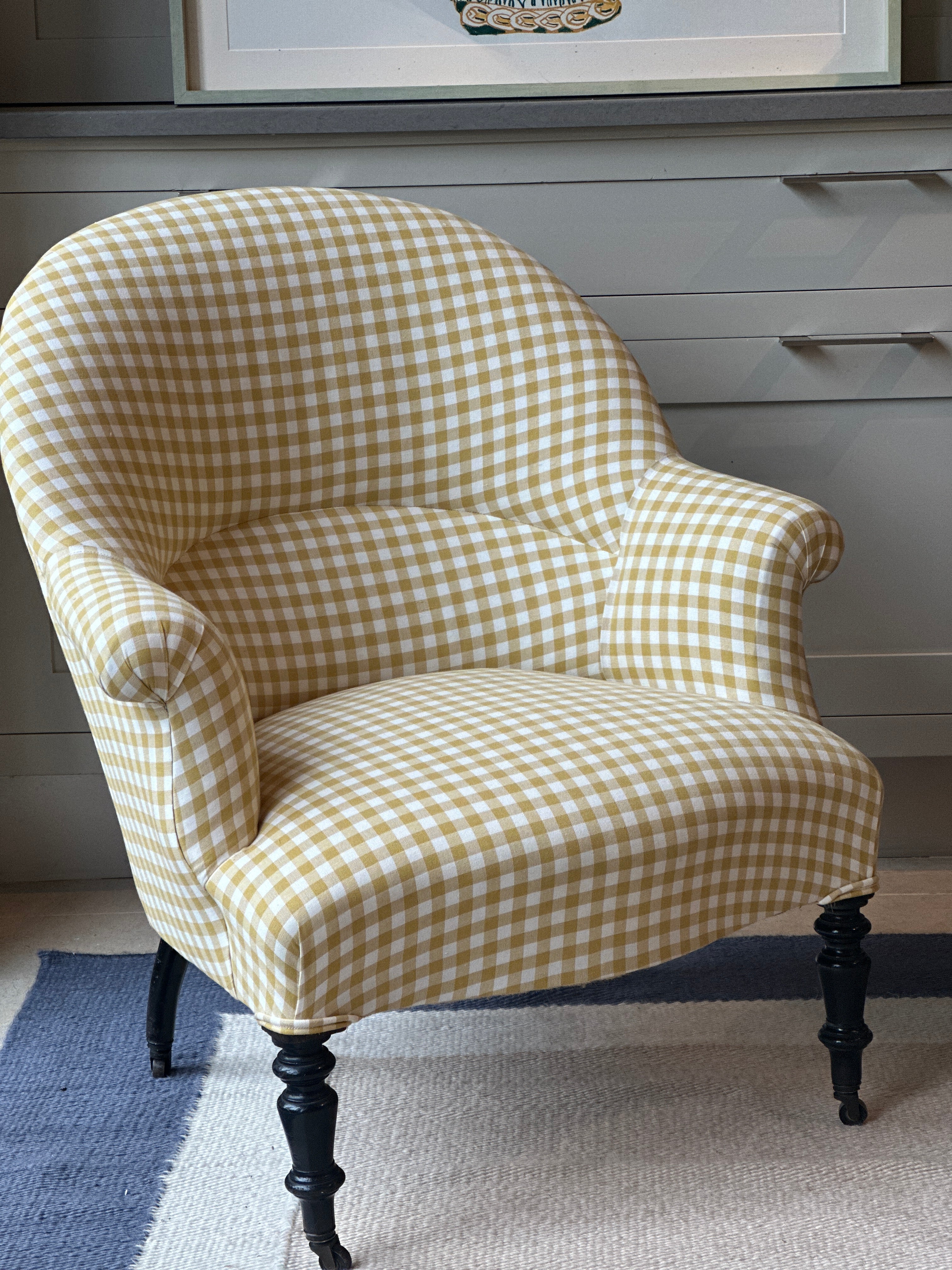 Single French Crapaud Tub Chair in Yellow Gingham