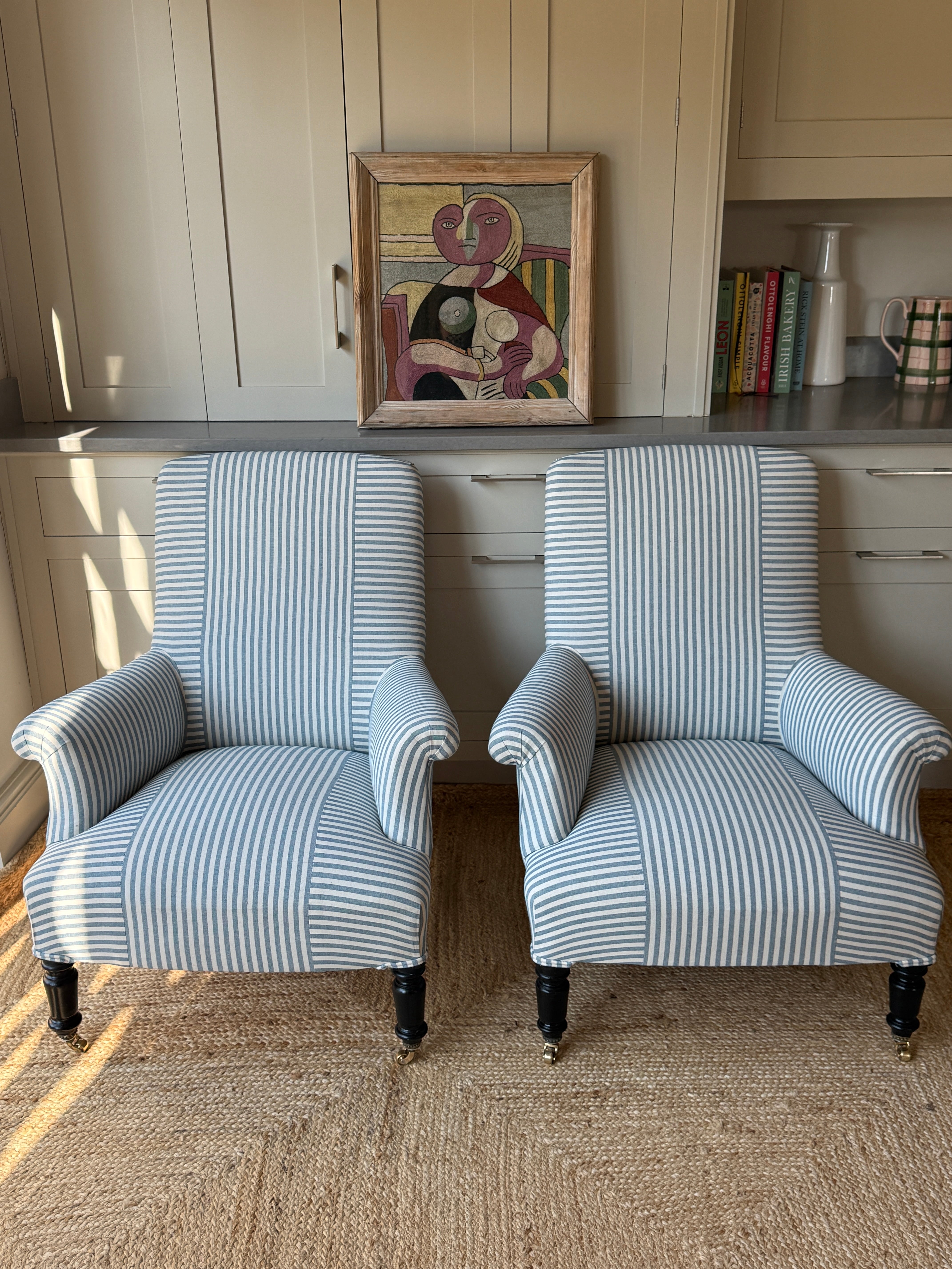 Pair of French Armchairs in Blue & White Ticking with Criss Cross Design