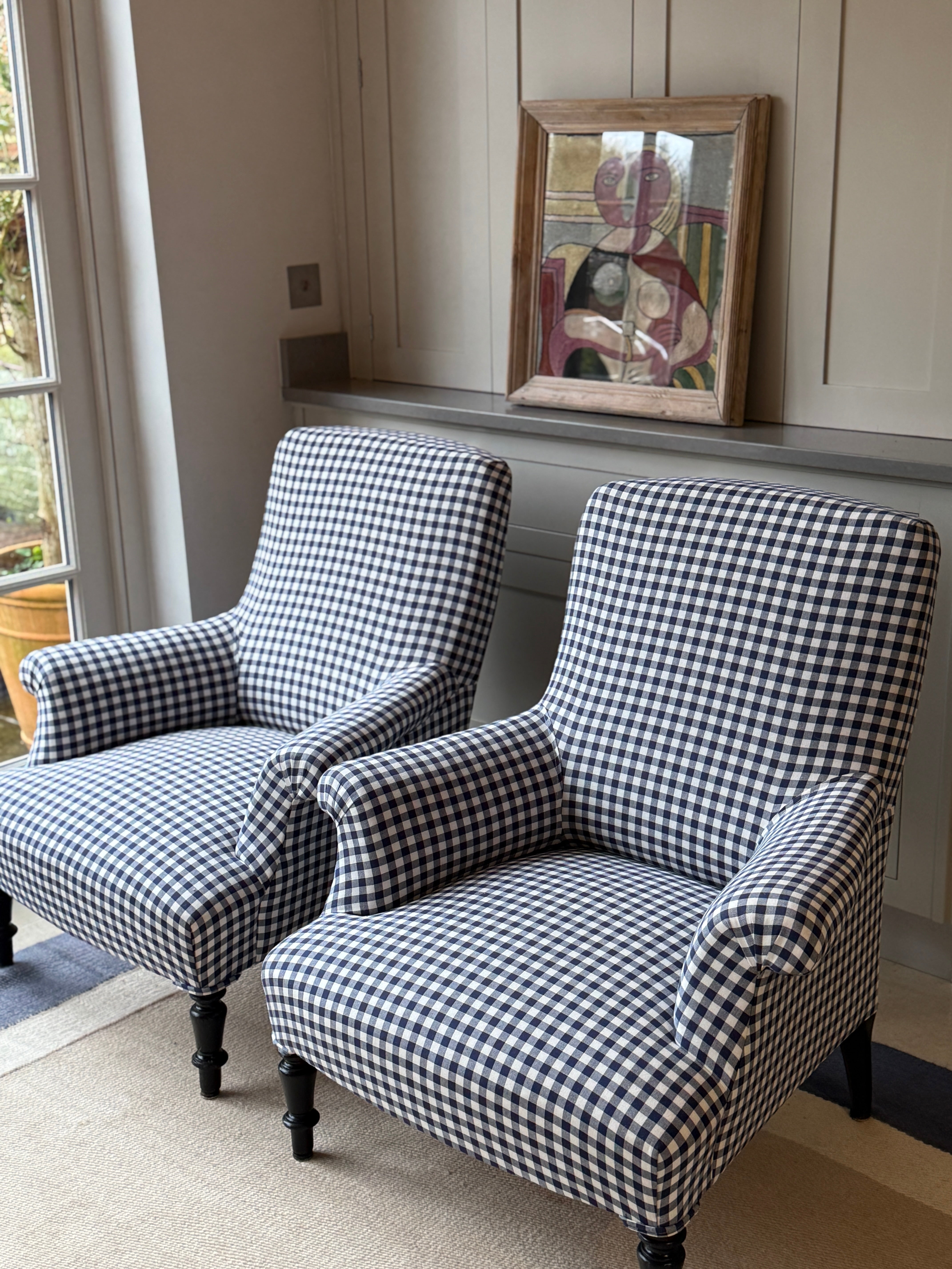 Pair of French Squareback Armchairs in Blue Gingham