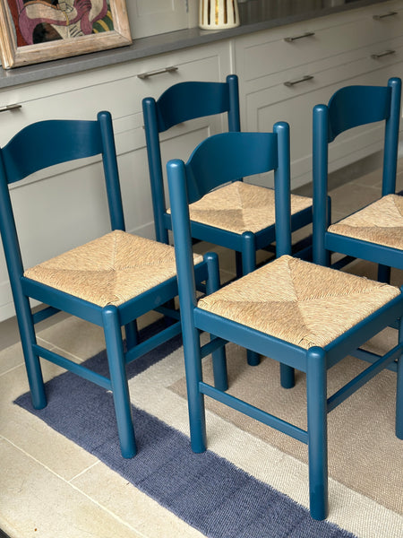 Set of 4 Beech and Rush Seat Chairs