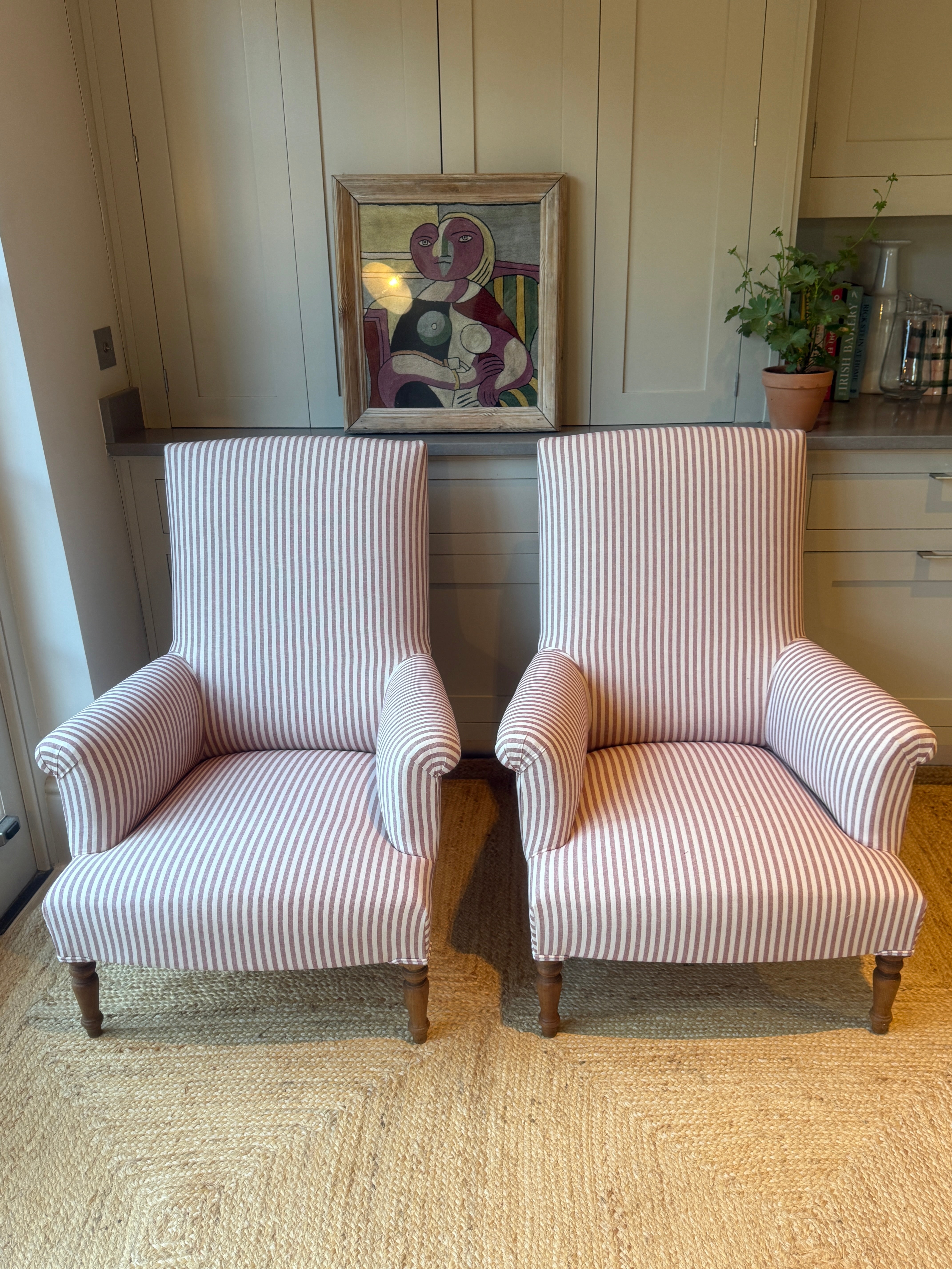 Large Pair of French Armchairs in red and white ticking