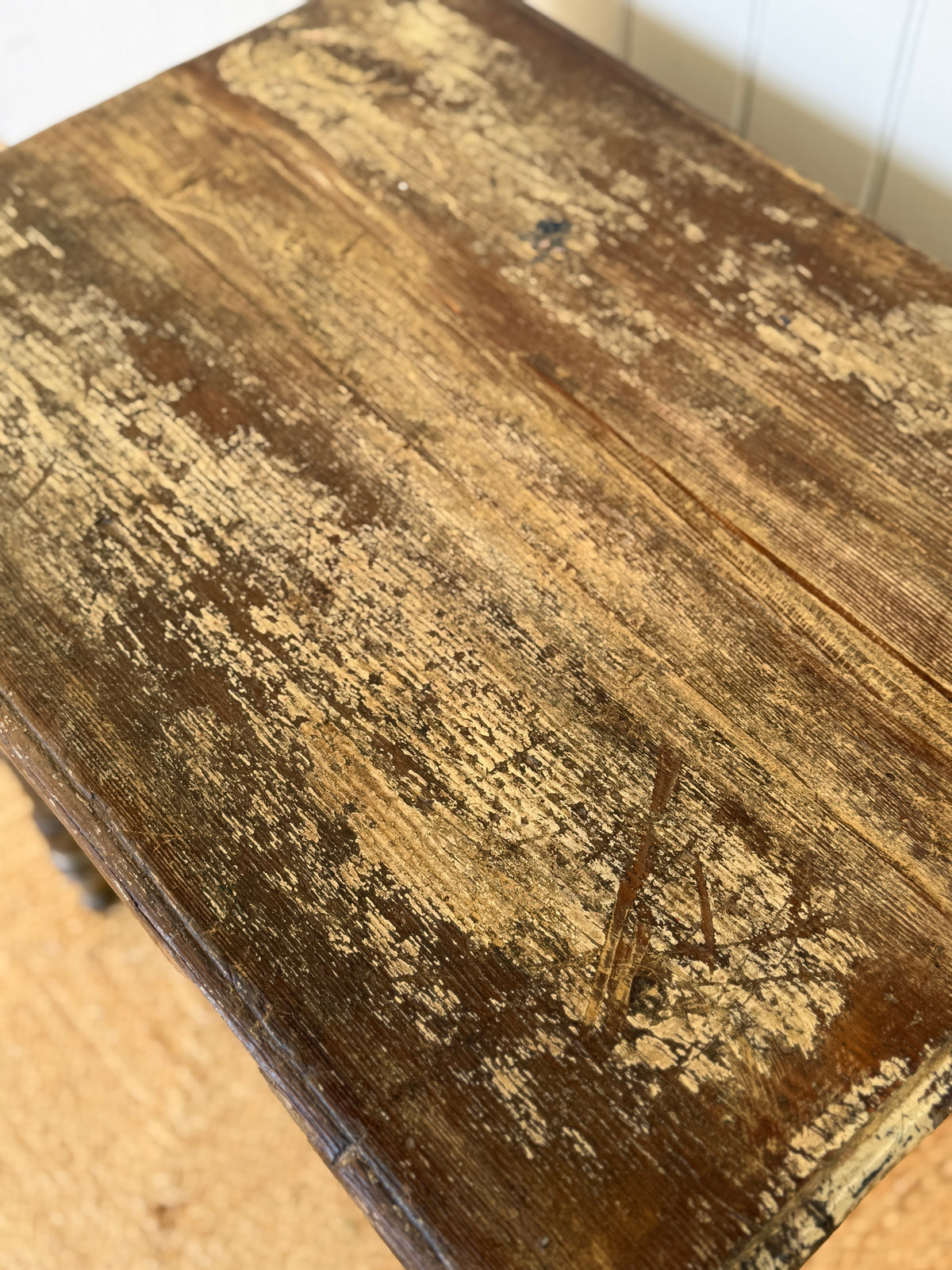 Rustic Antique Painted Side Table with Turned Legs