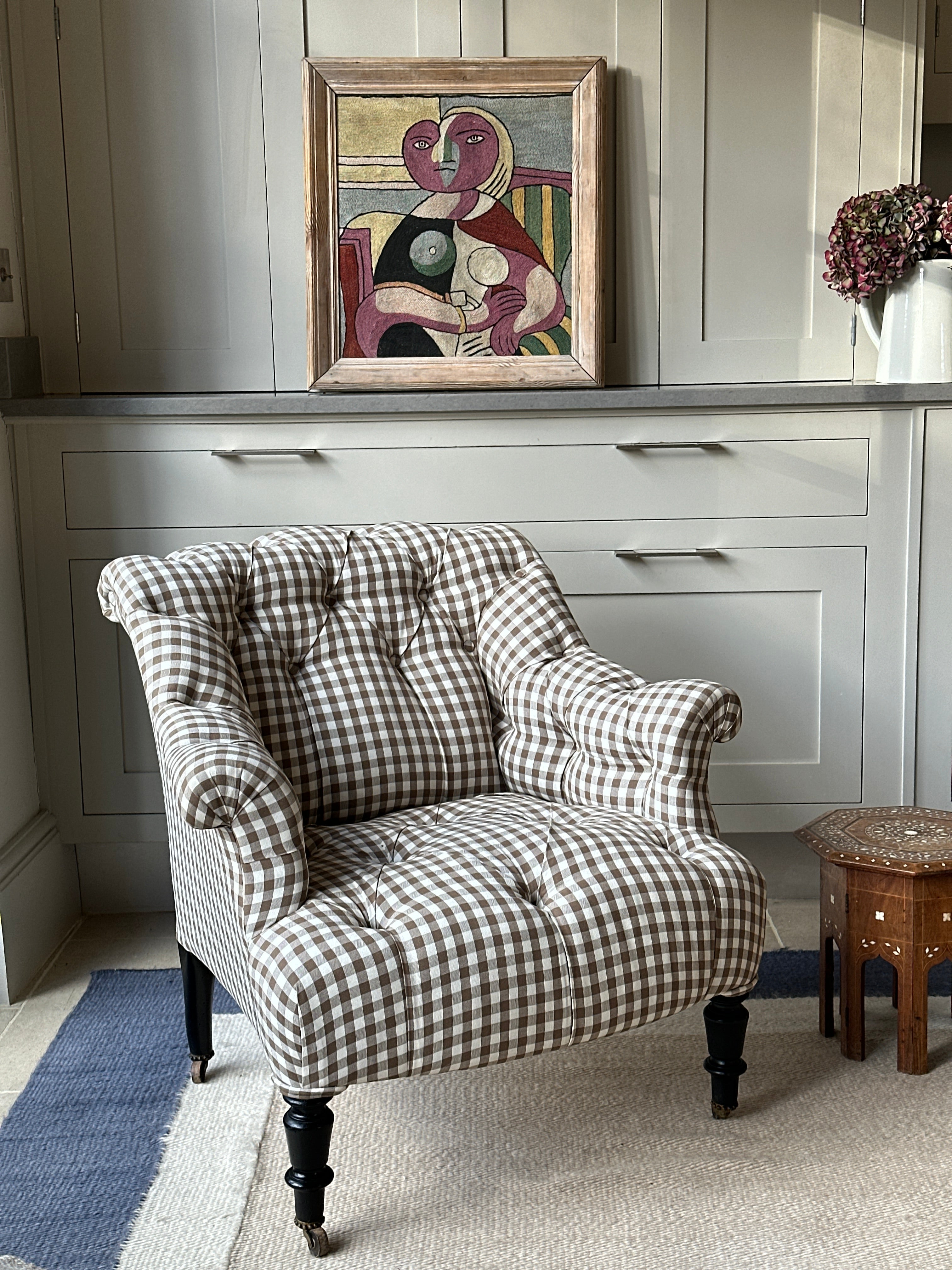 Small French Button Back Chair in Brown Gingham