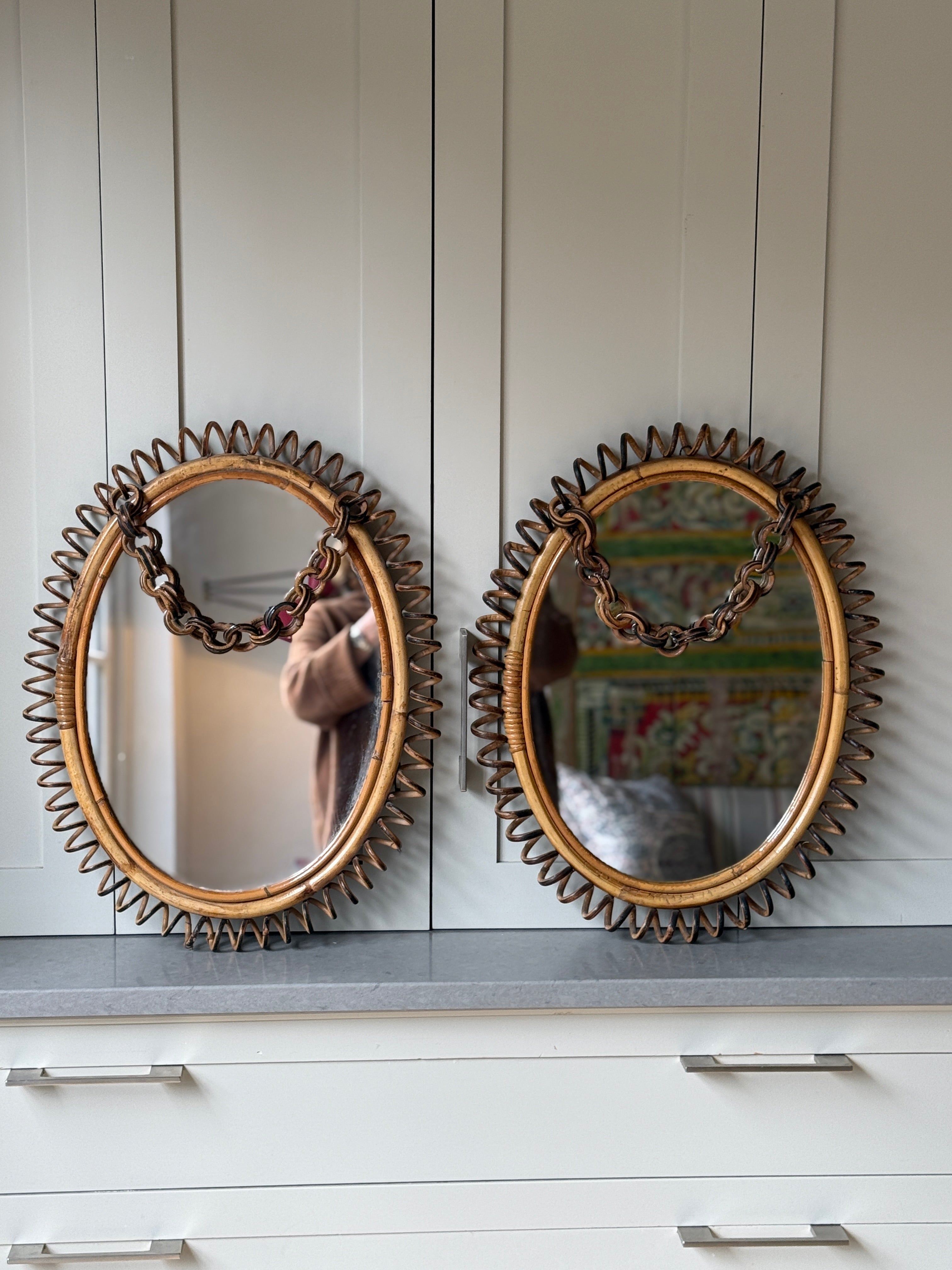 Pair of Coiled Rattan Bonacina Mirrors