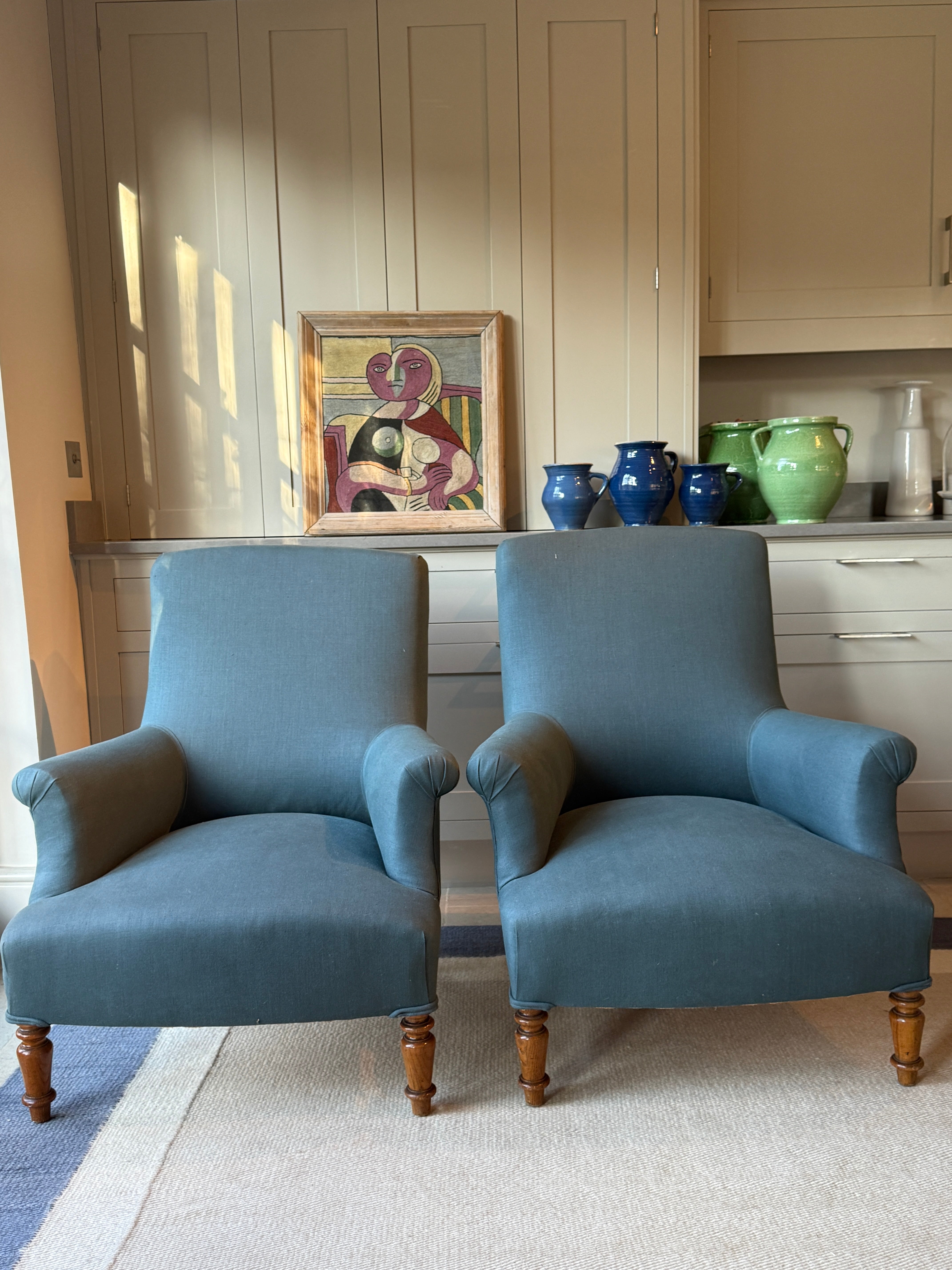 Pair of Armchairs in an RAF blue linen