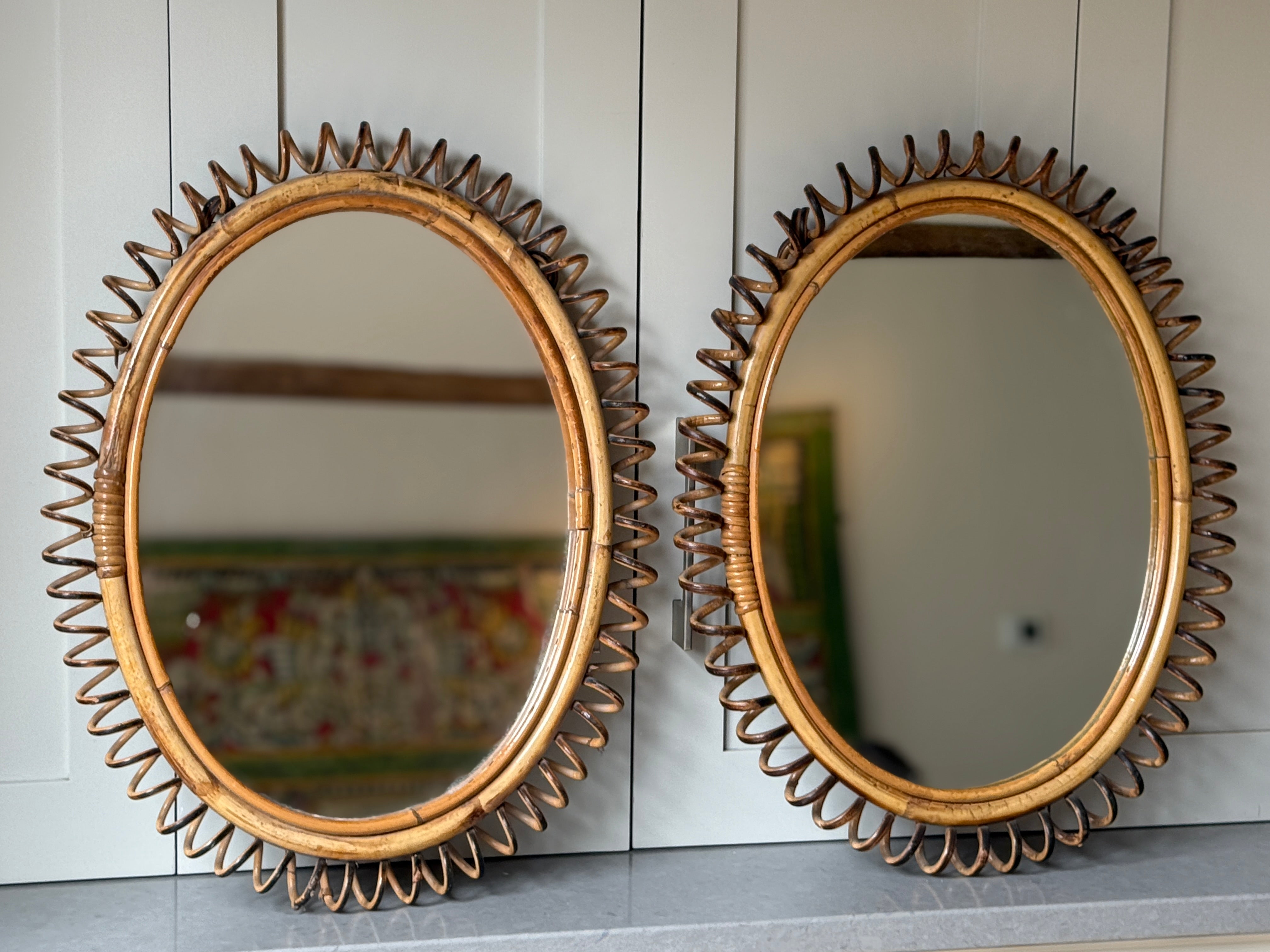 Pair of Rattan and Brass Tripod Table Lamps