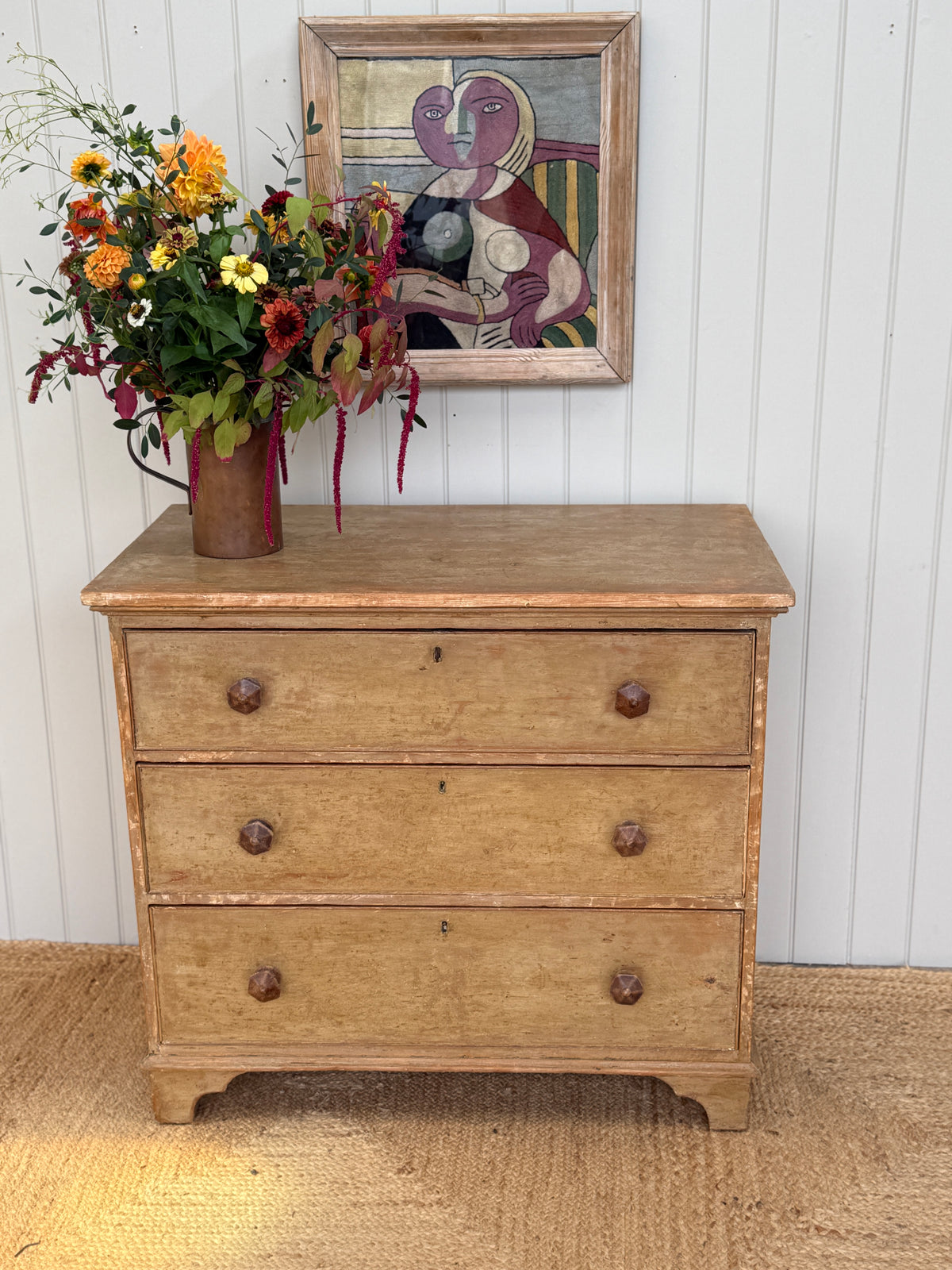 19th Century English Pine Chest in Faded Ochre Finish