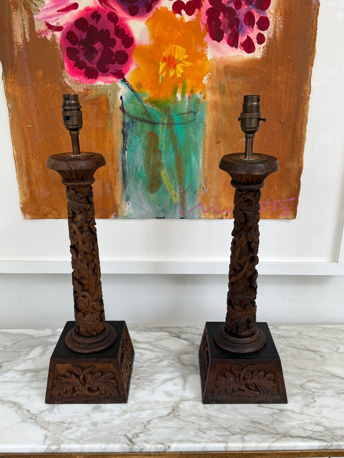 Pair of 19th Century Anglo-Indian Carved Hardwood Table Lamps