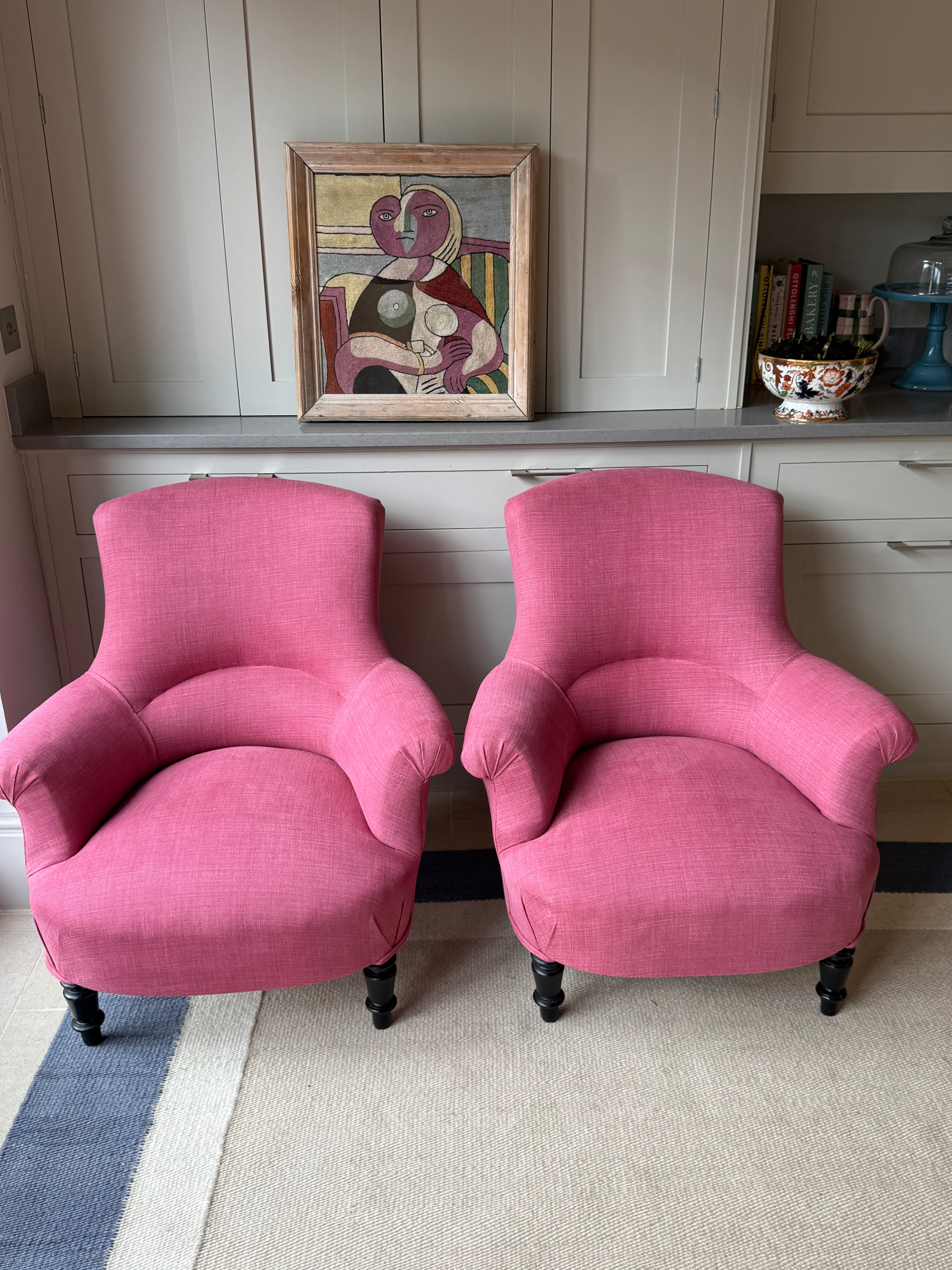 Pair of French Crapaud Tub Chairs in Pink linen