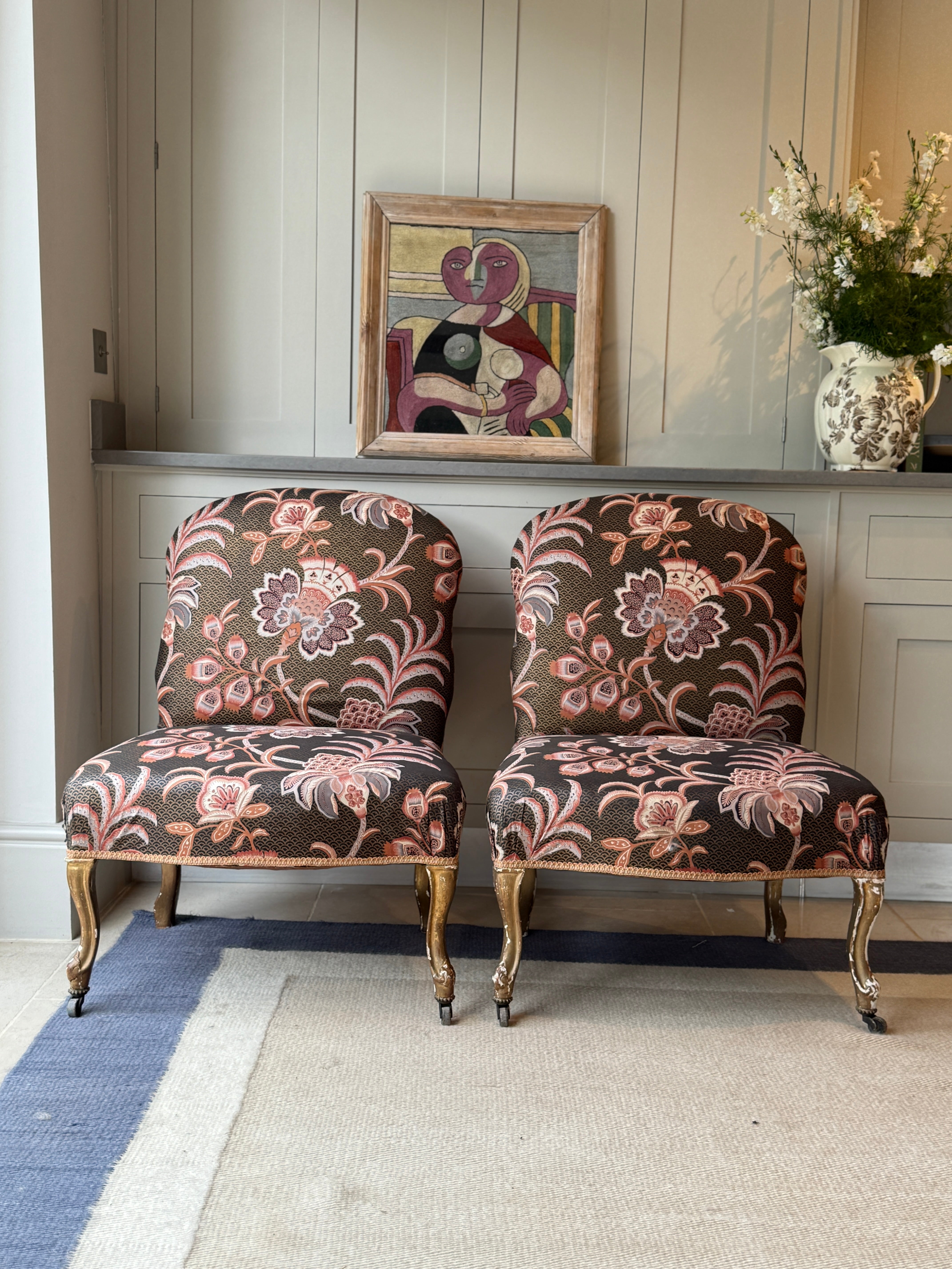 Large Pair of French Slipper Chairs in Floral Fabric