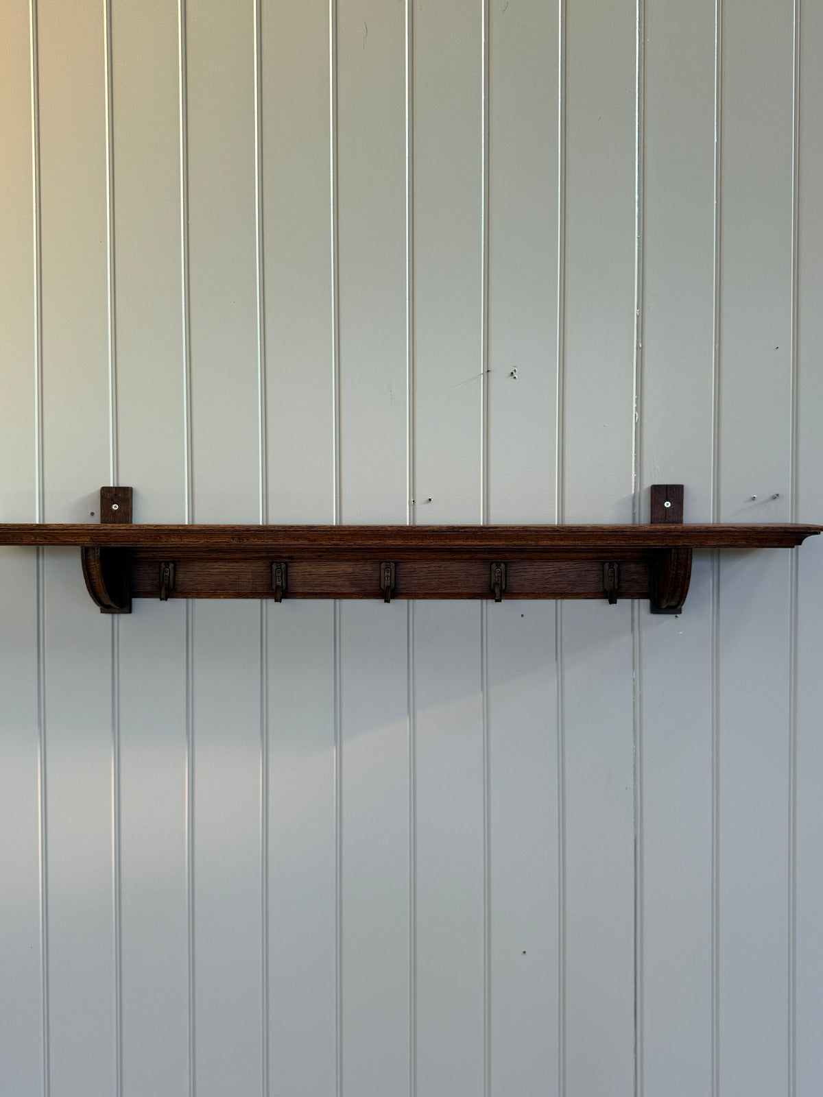 Antique Oak Coat Rack with Shelf and Brass Hooks