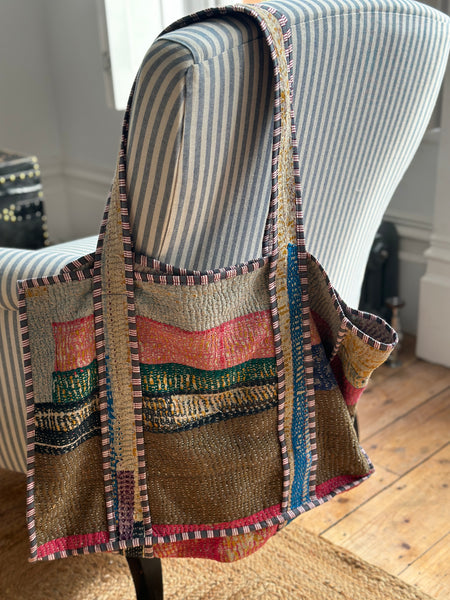 Vintage Indian Kantha Totes with Stripy Piping