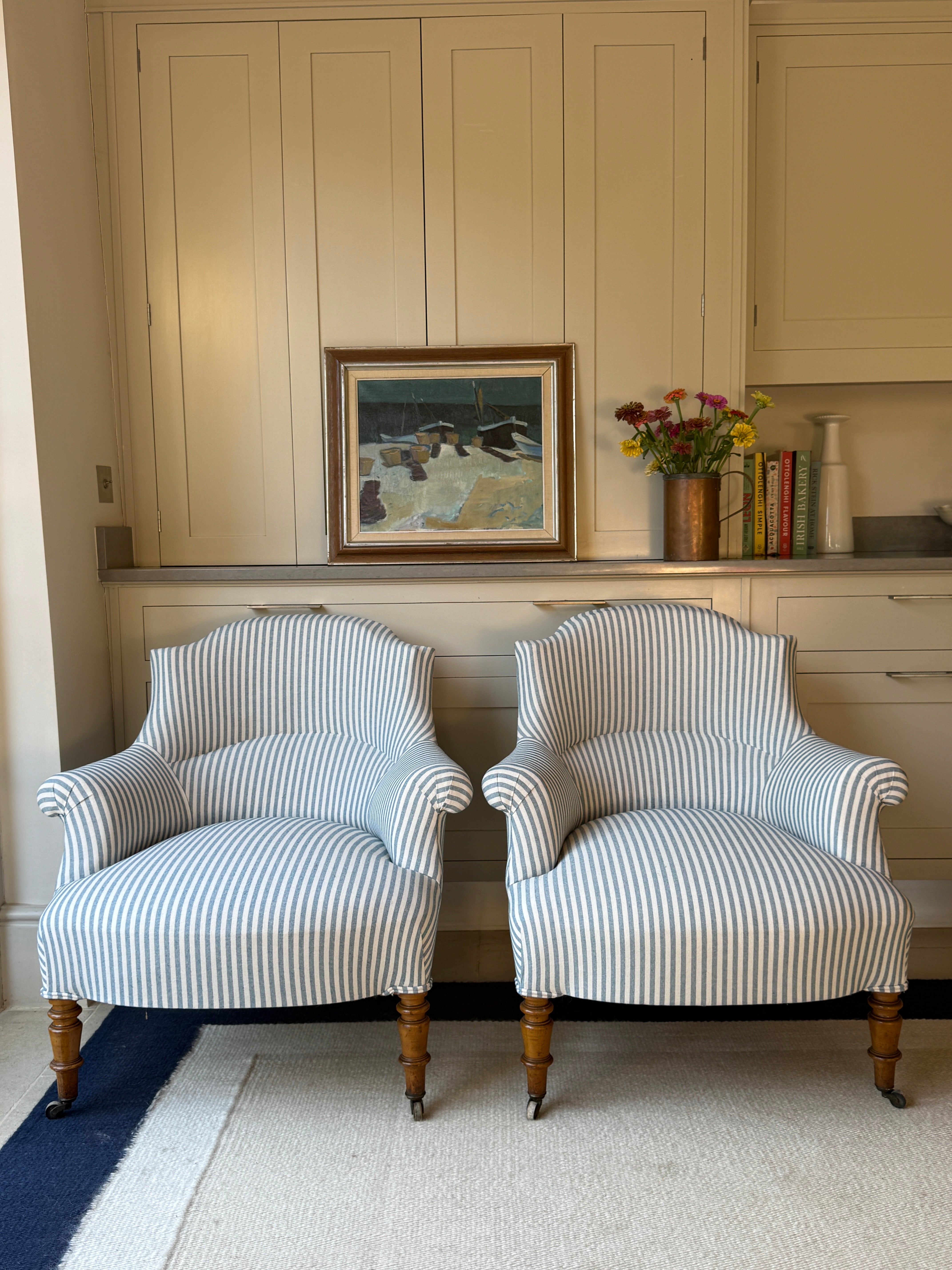 Pair of French Tub Chairs in Blue Ticking