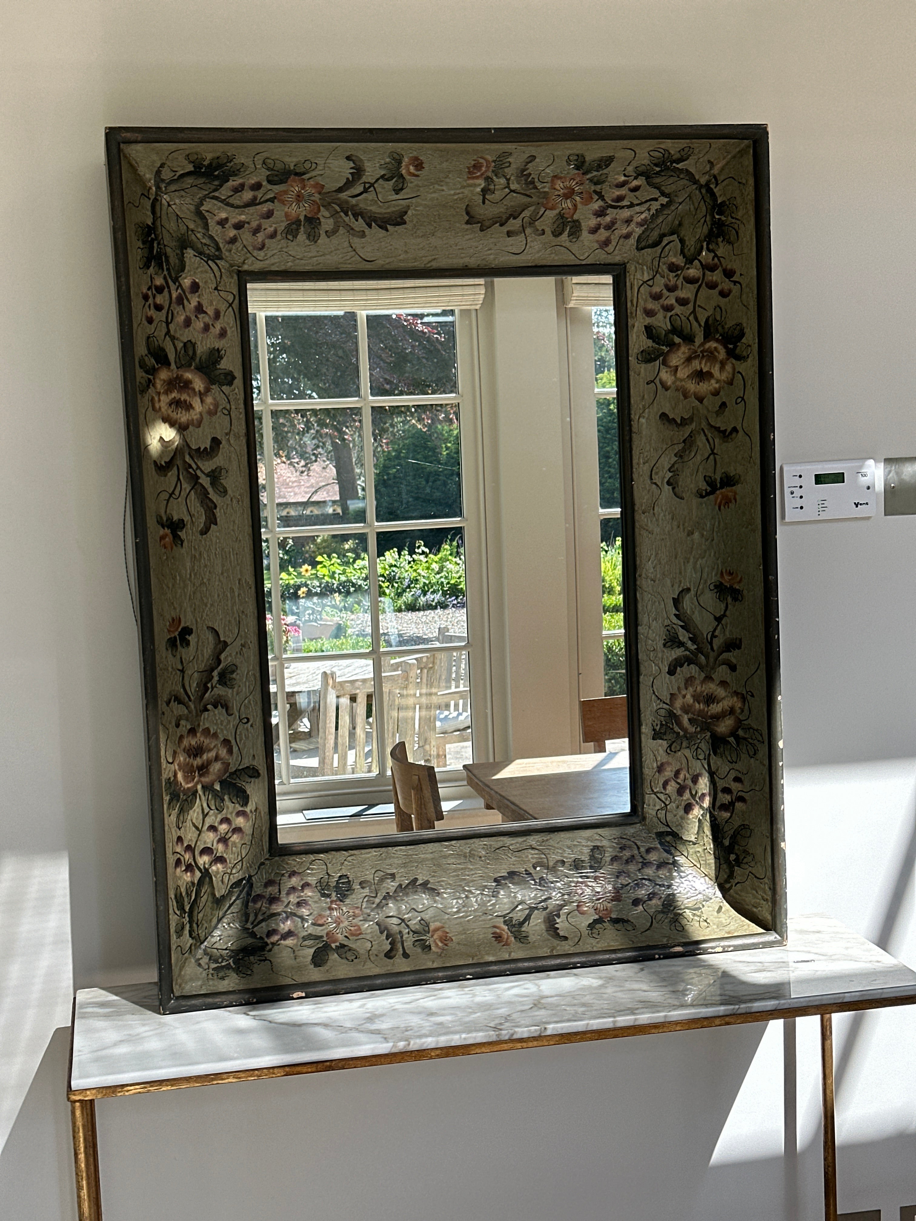 Large Vintage Wooden Dark Green Mirror with hand painted floral motifs