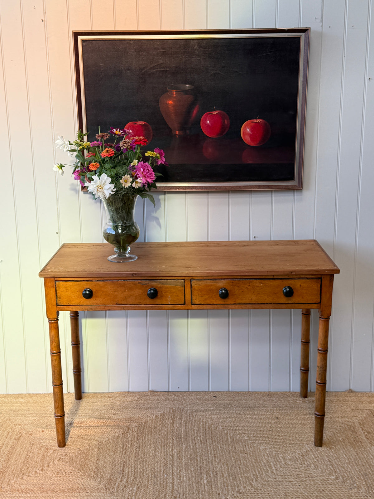 Regency Pine Side Table with Faux Bamboo Legs and Two Drawers