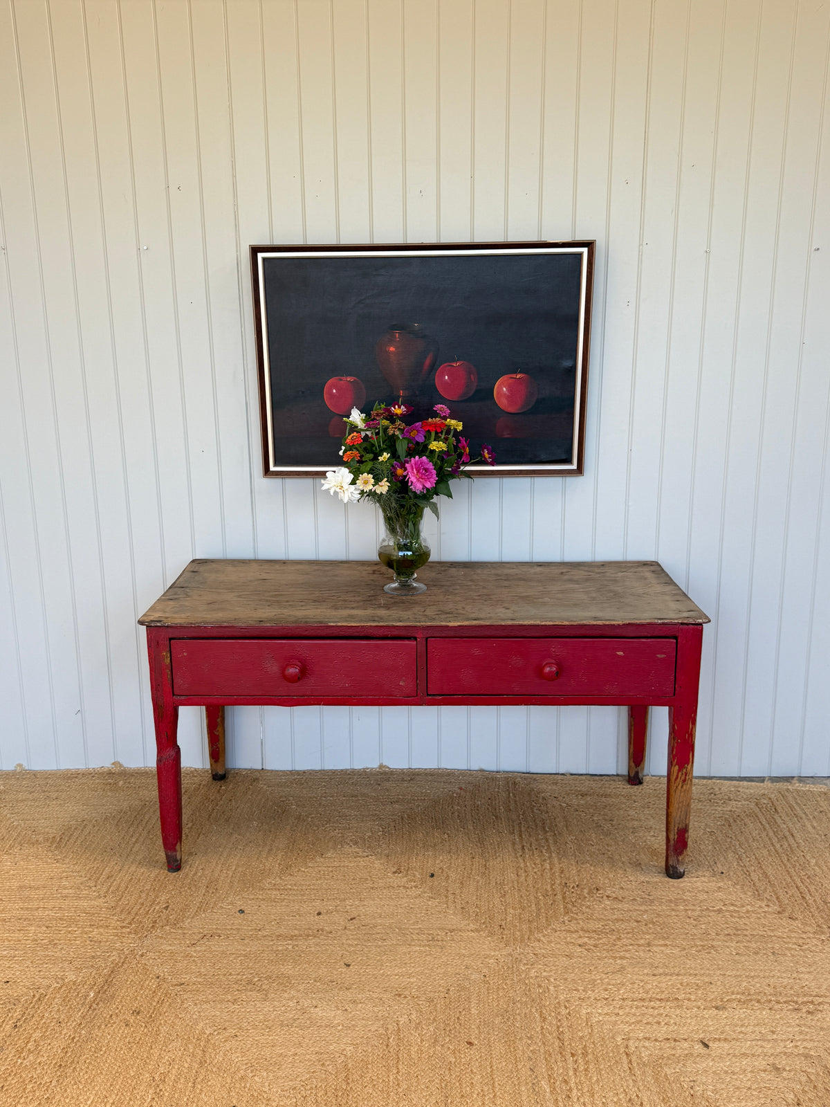 Antique Painted Pine Prep Table with Red Paint