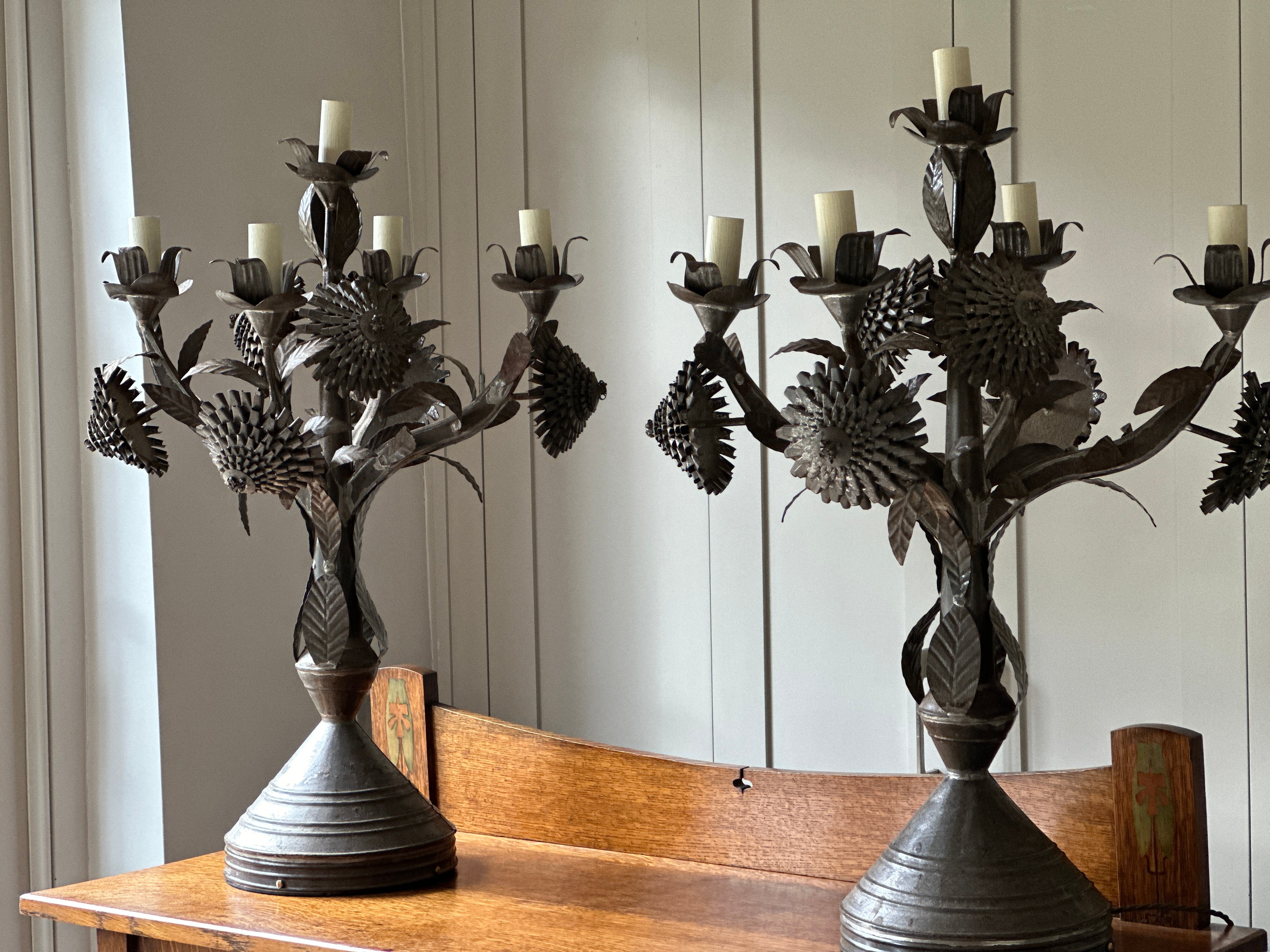 French Pair of Toleware Candelabra Table lamps