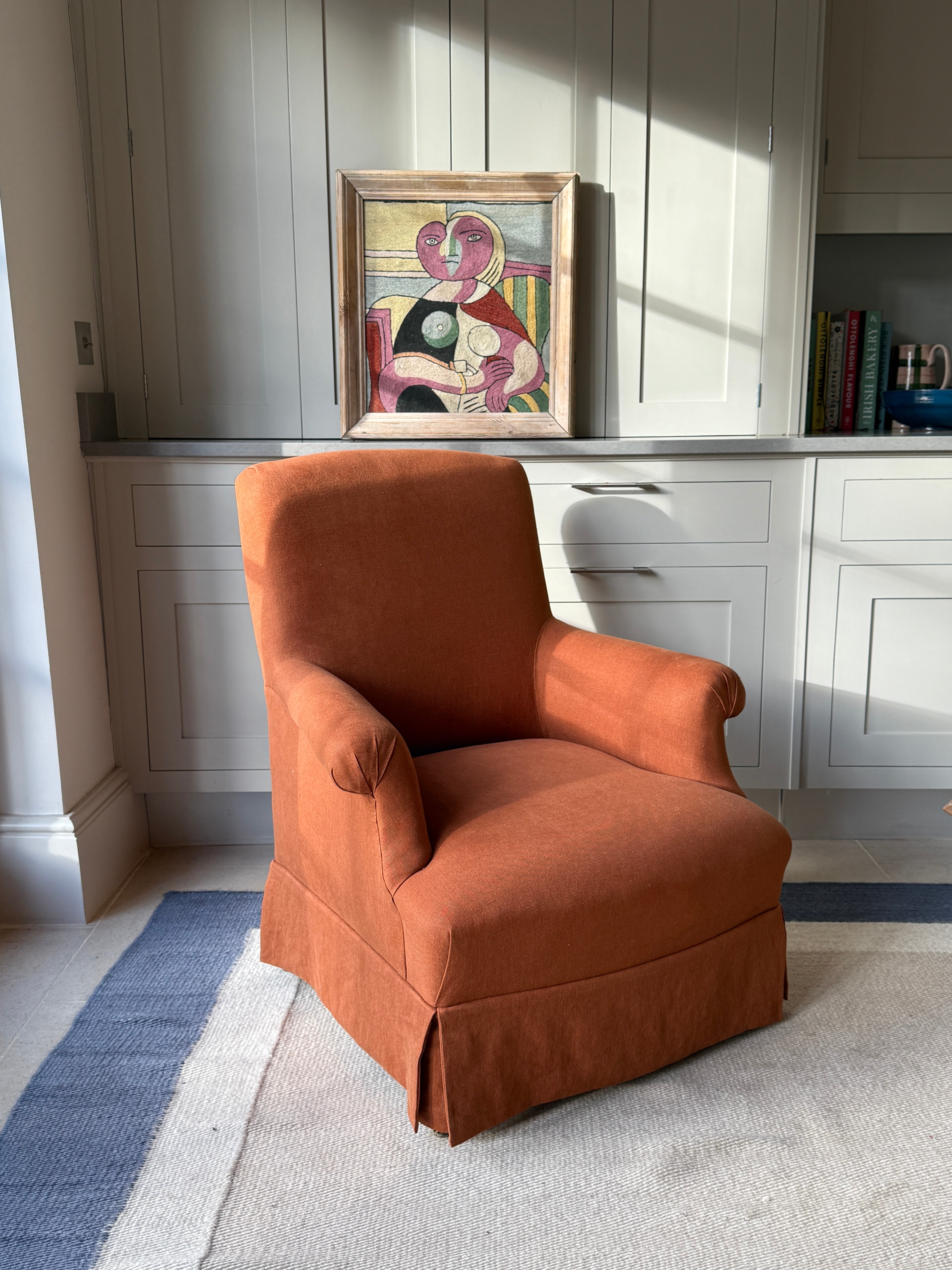 French Squareback Armchair in Rust Linen