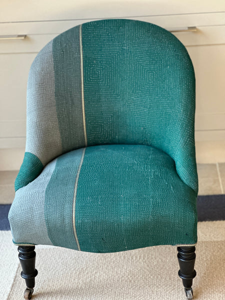 French Slipper Chair upholstered in fab vintage kantha