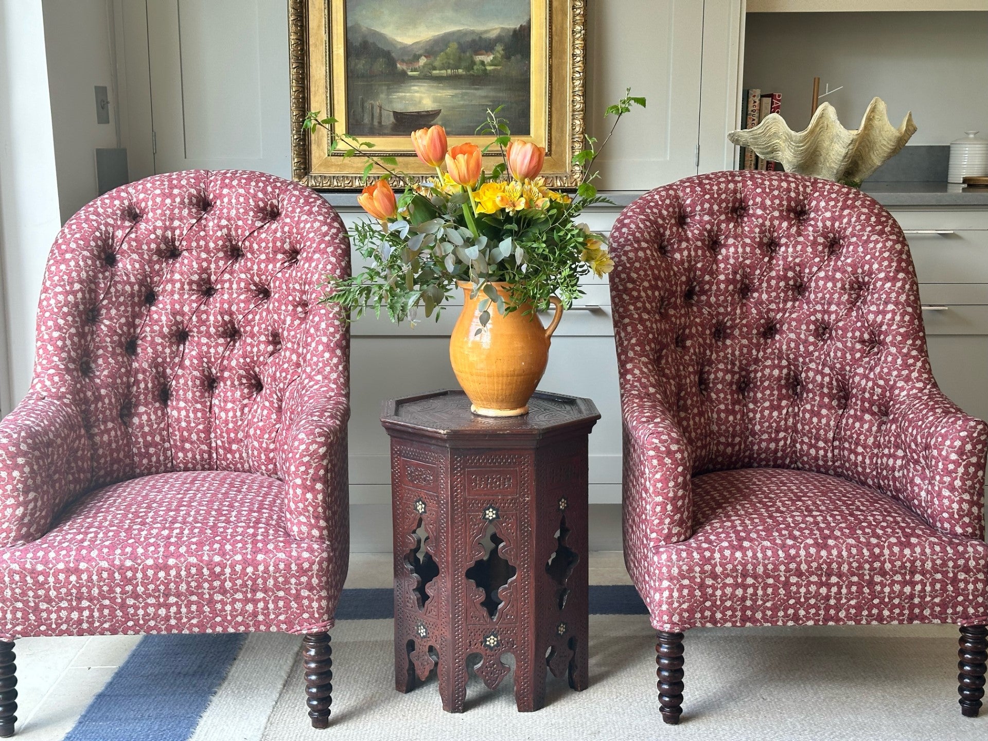 Amazing French Button Back Armchairs with Bobbin Turned Mahogany Feet and Upholstered in Robert Kime Ume Red