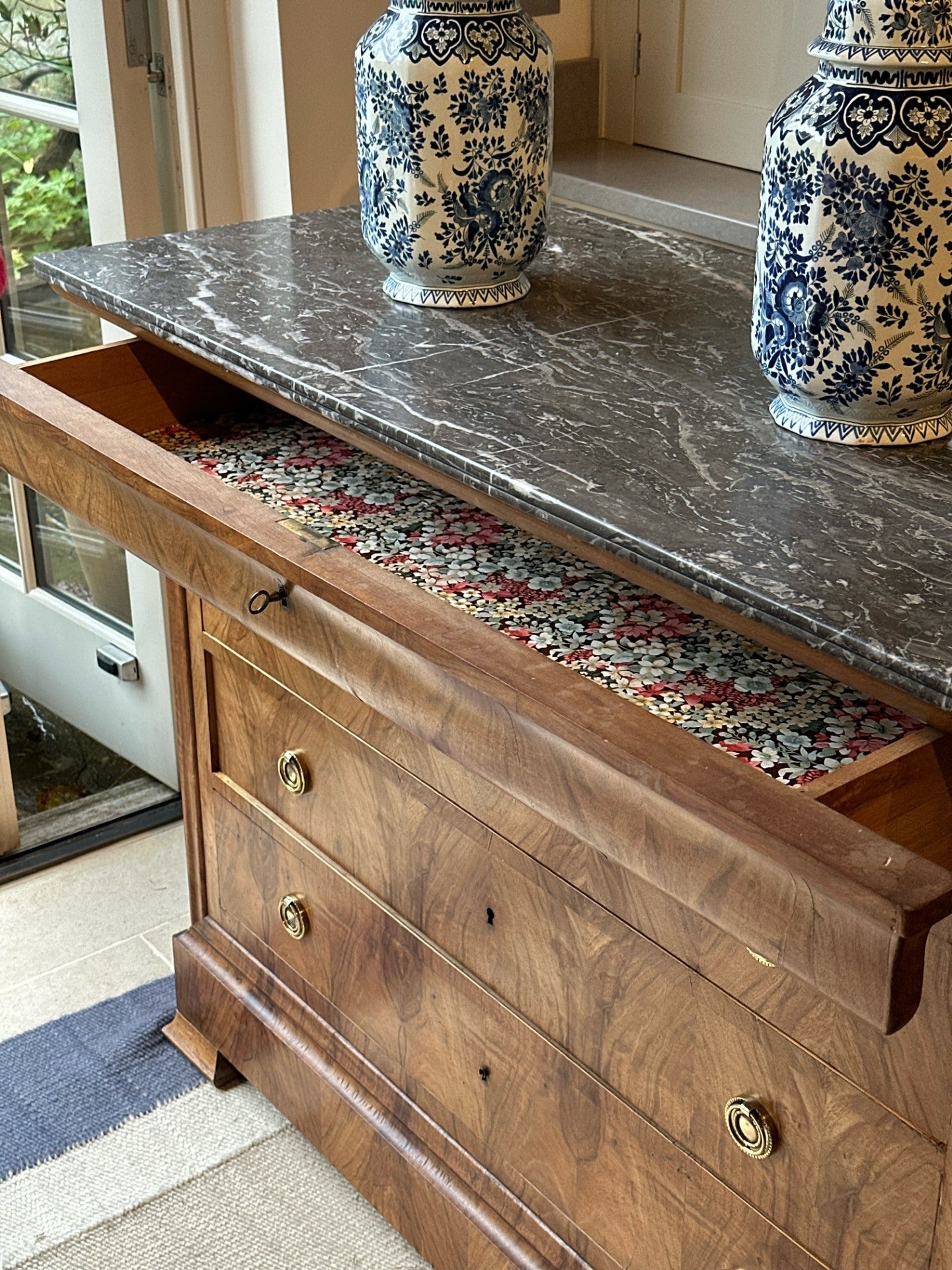 Louis Philippe Marble Commode in Pale Walnut