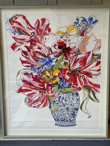 Ochre and Red Tulips - Tall Delft Pot Oil Pastel Collage