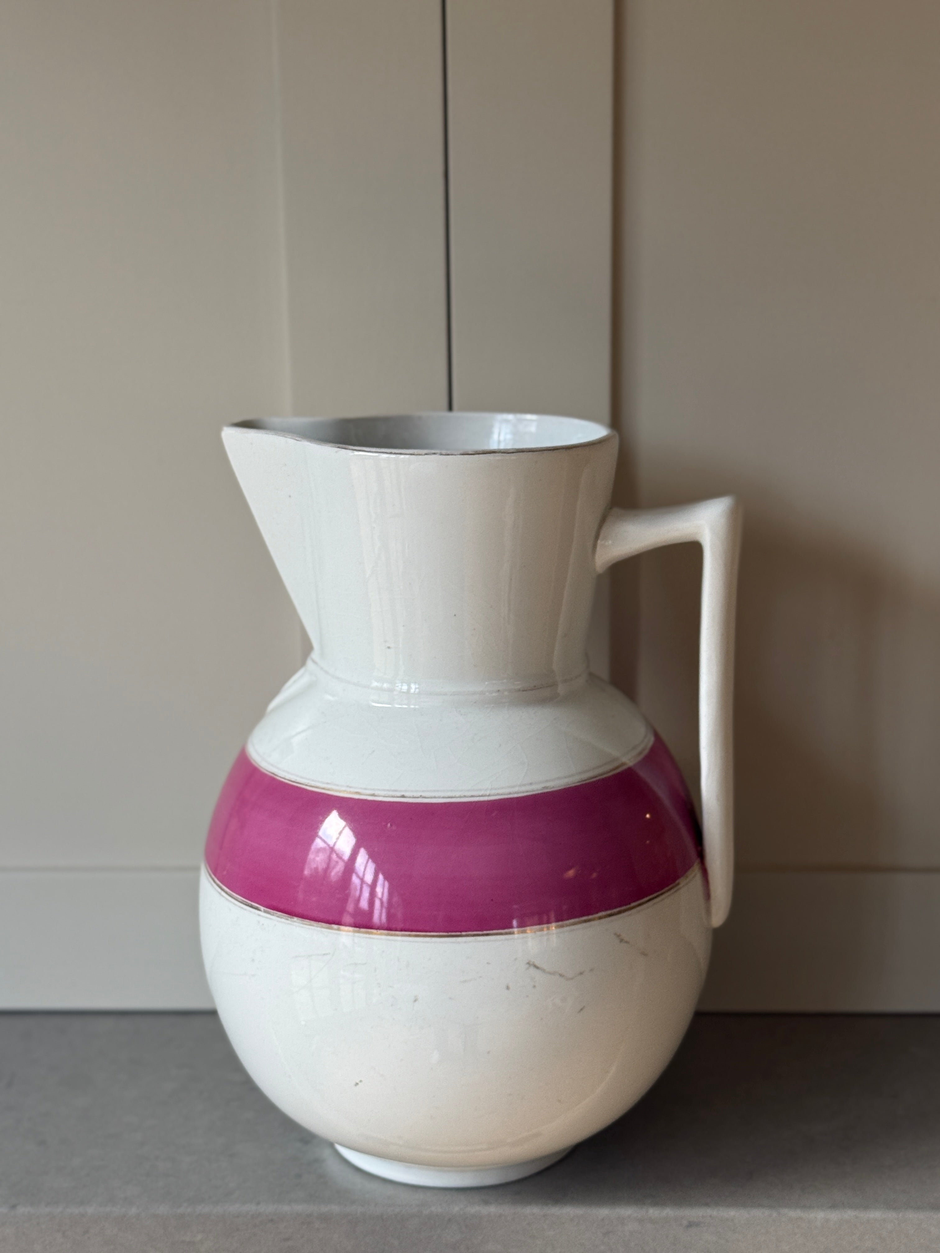 Large Ironstone Jug with Fuschia Stripe