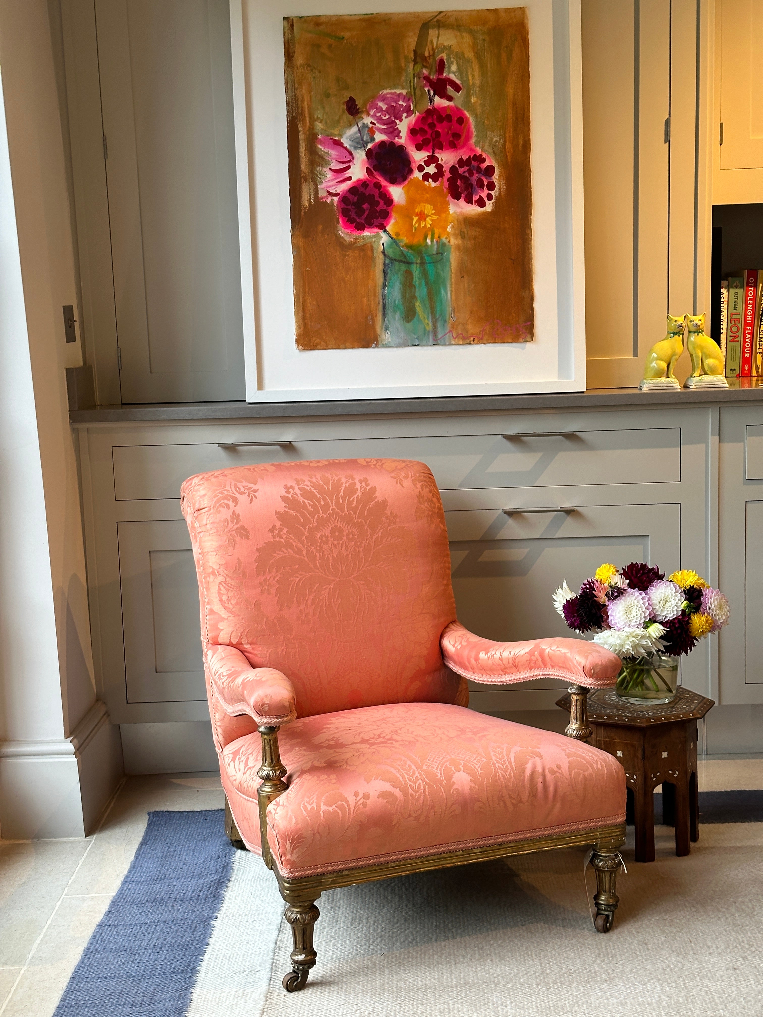 Country House Open Armchair in salmon pink damask.