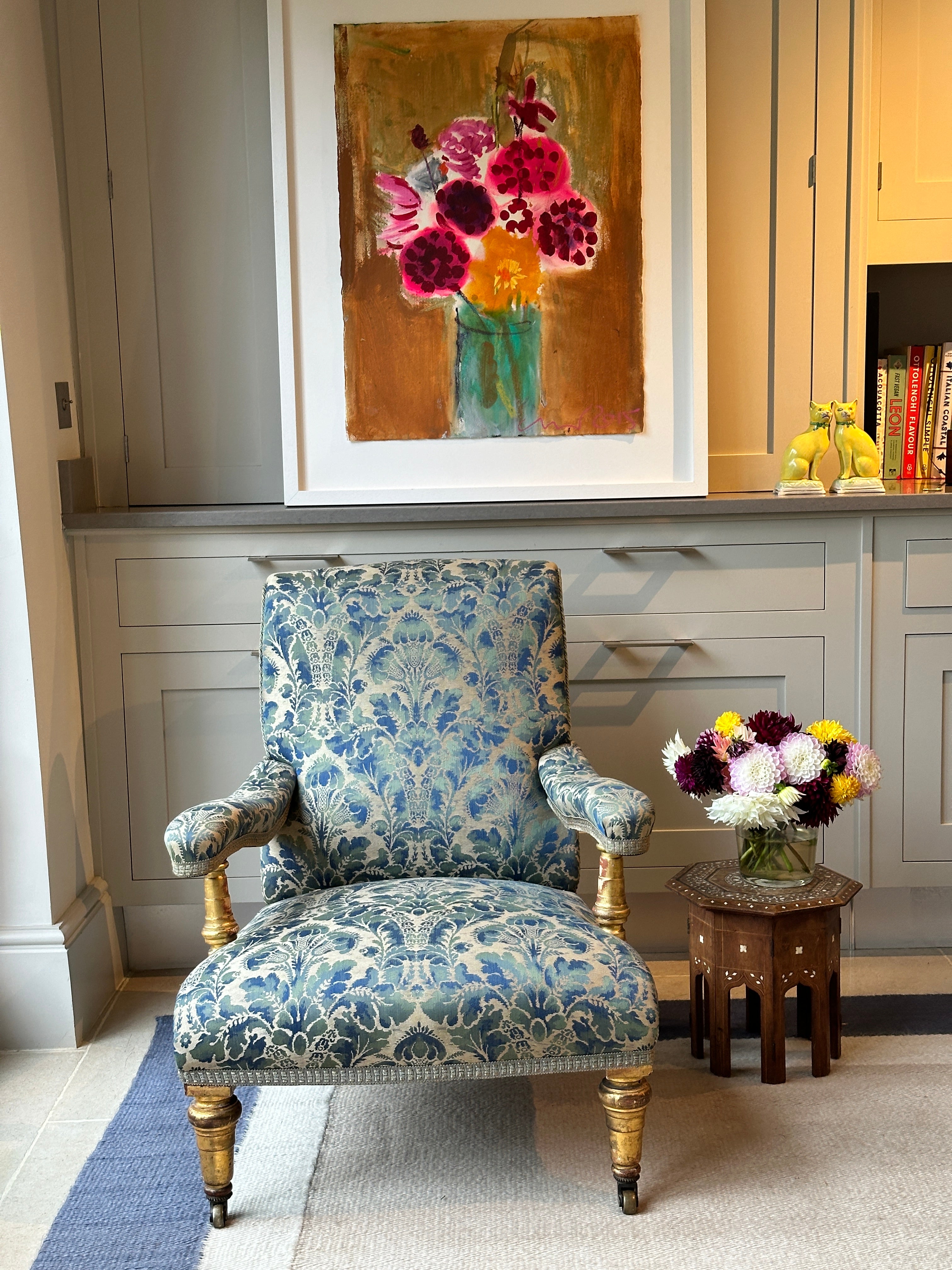 Country House Open Armchair in original blue damask.