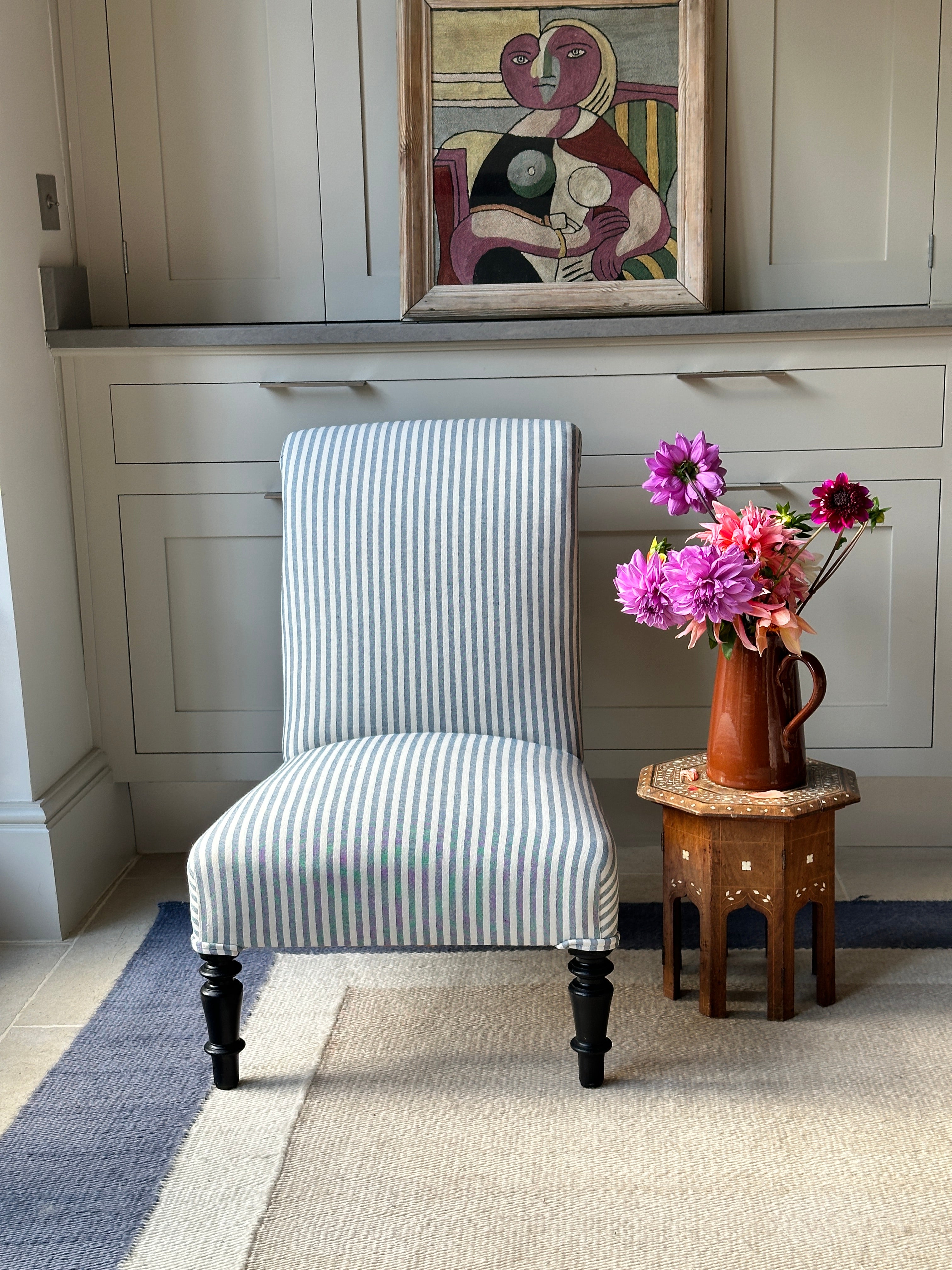 French Scroll back Slipper Chair in Blue & White ticking