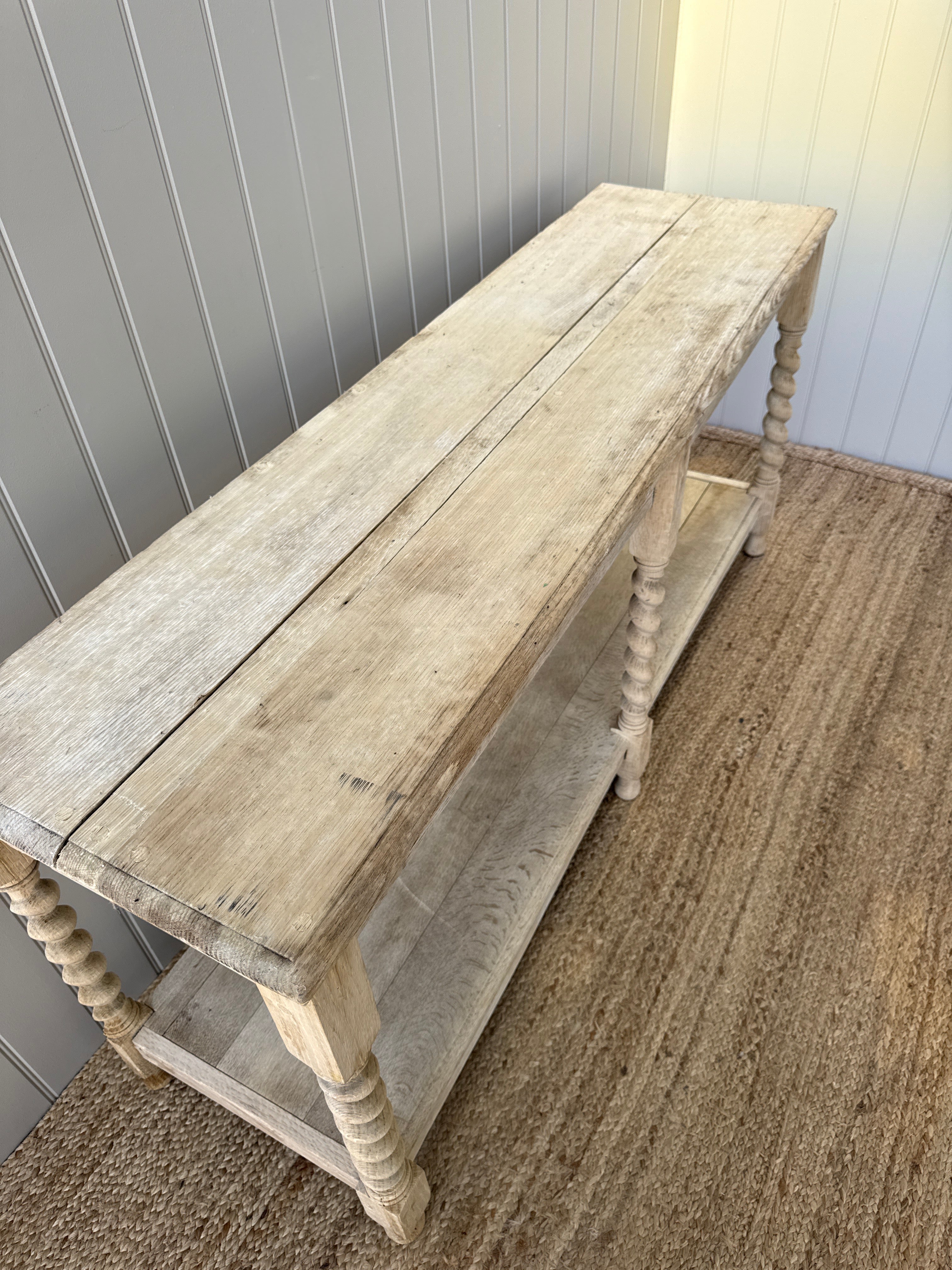 French Bleached Oak Two-Tier Console Table with Barley Twist Supports