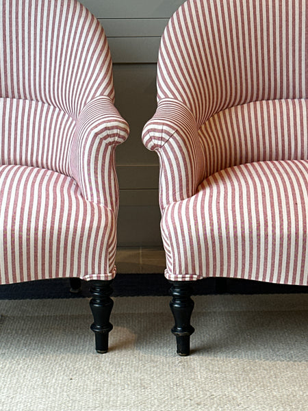 Pair of French Crapaud Tub chairs in red and white ticking