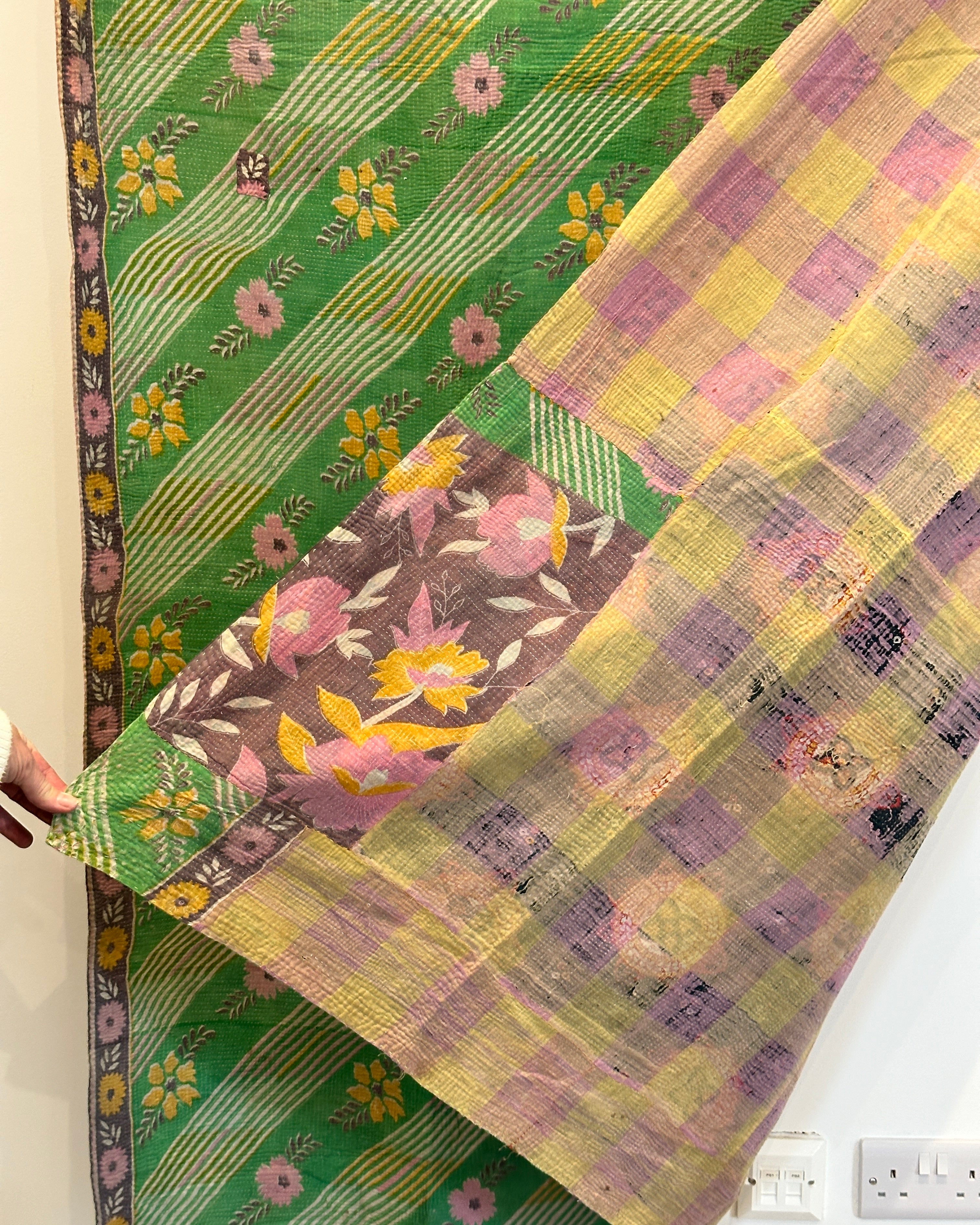 Vintage Kantha in Green, Purple and Yellow