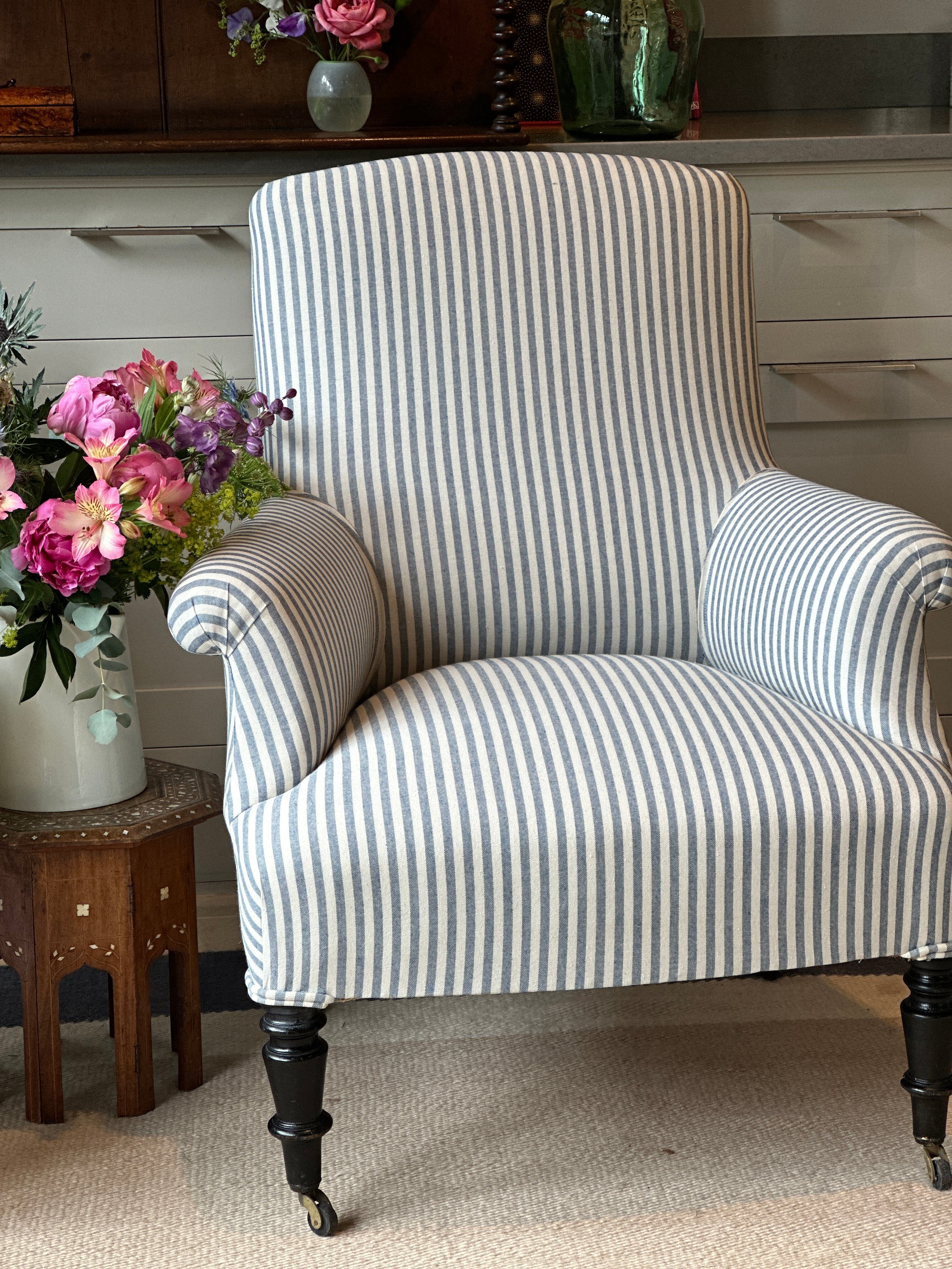 Sold Pair of Square Back French chairs in blue ticking