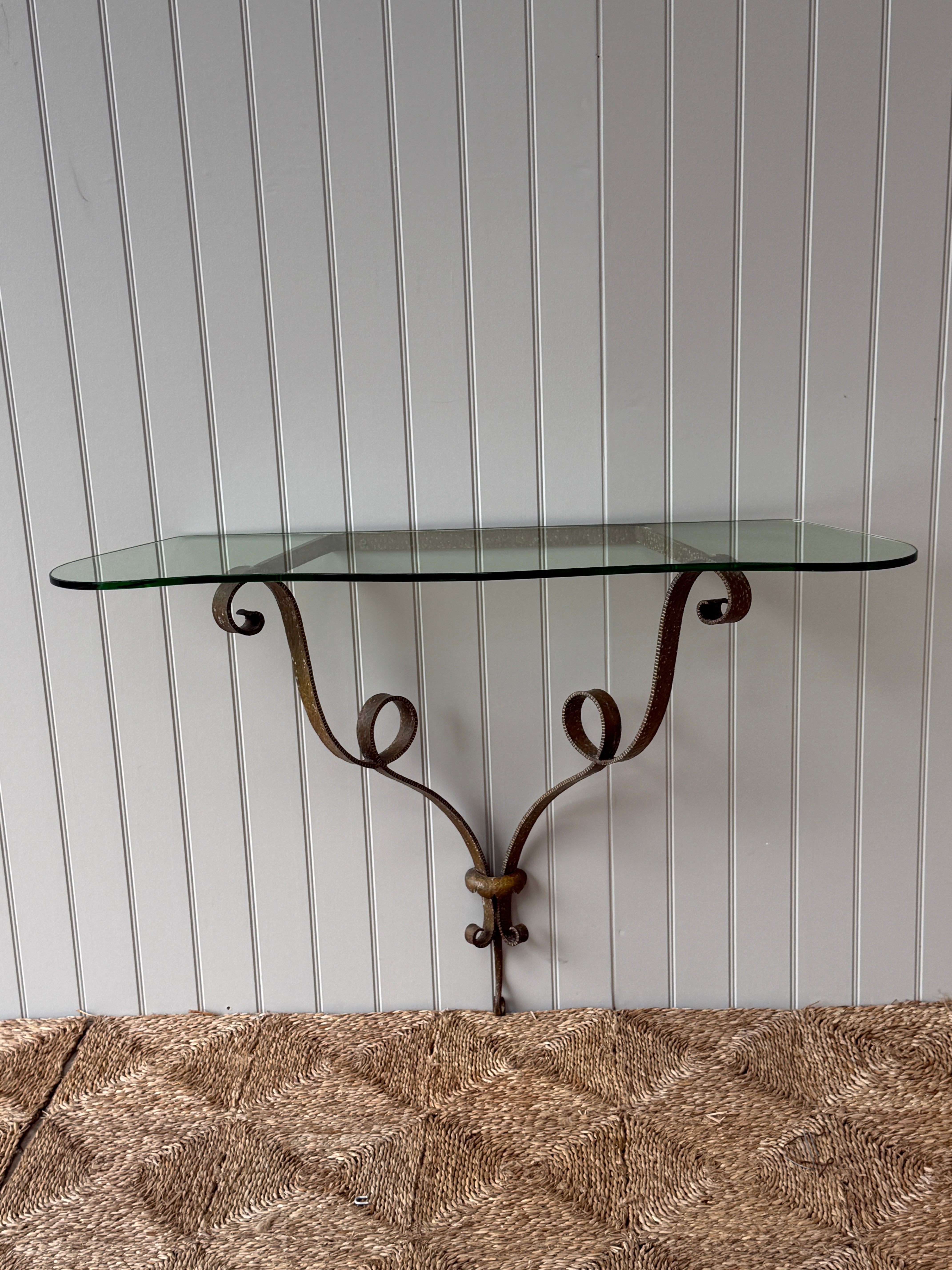 Italian Hammered Gilt Metal Console Table with Glass Top