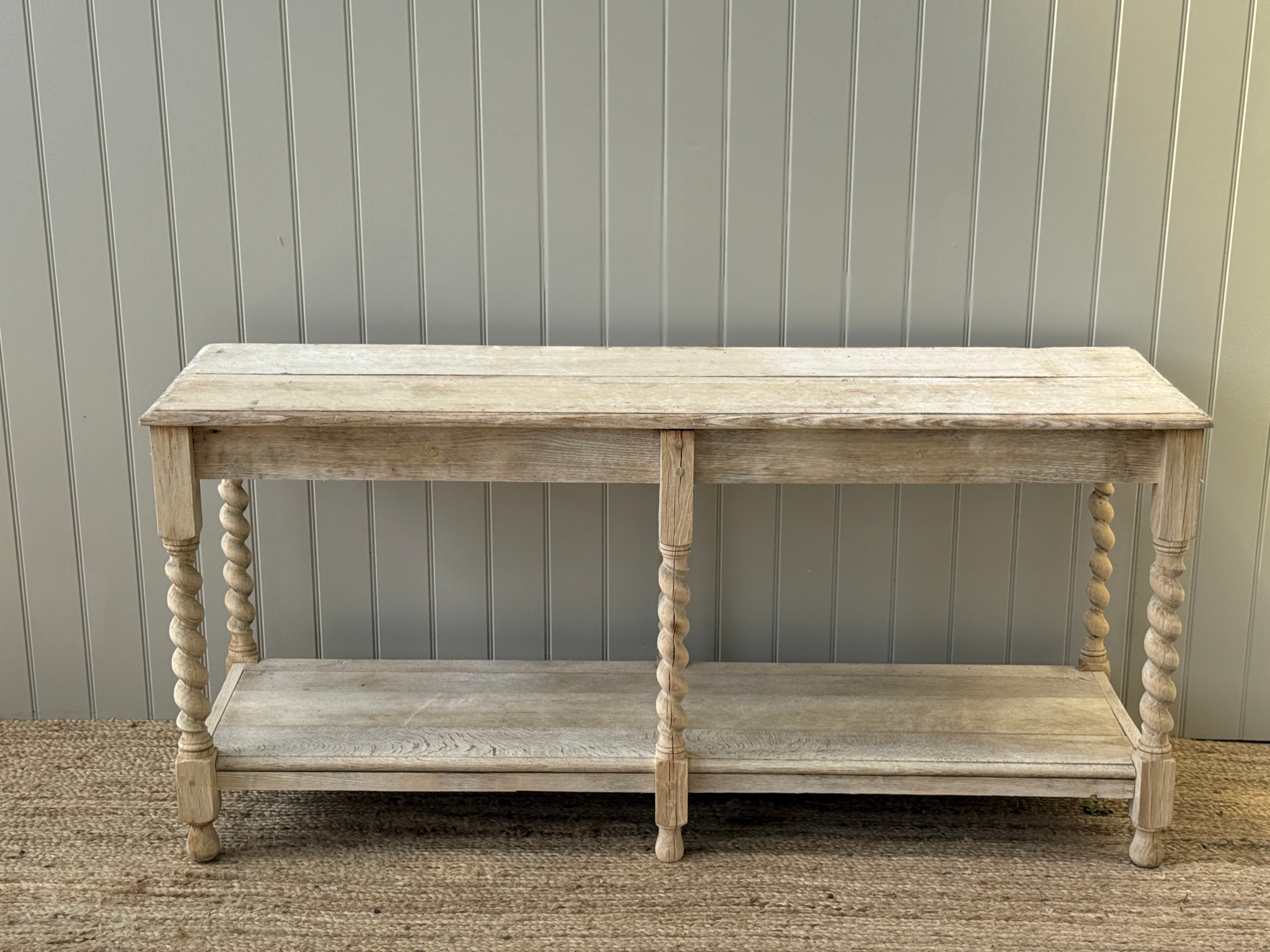 French Bleached Oak Two-Tier Console Table with Barley Twist Supports