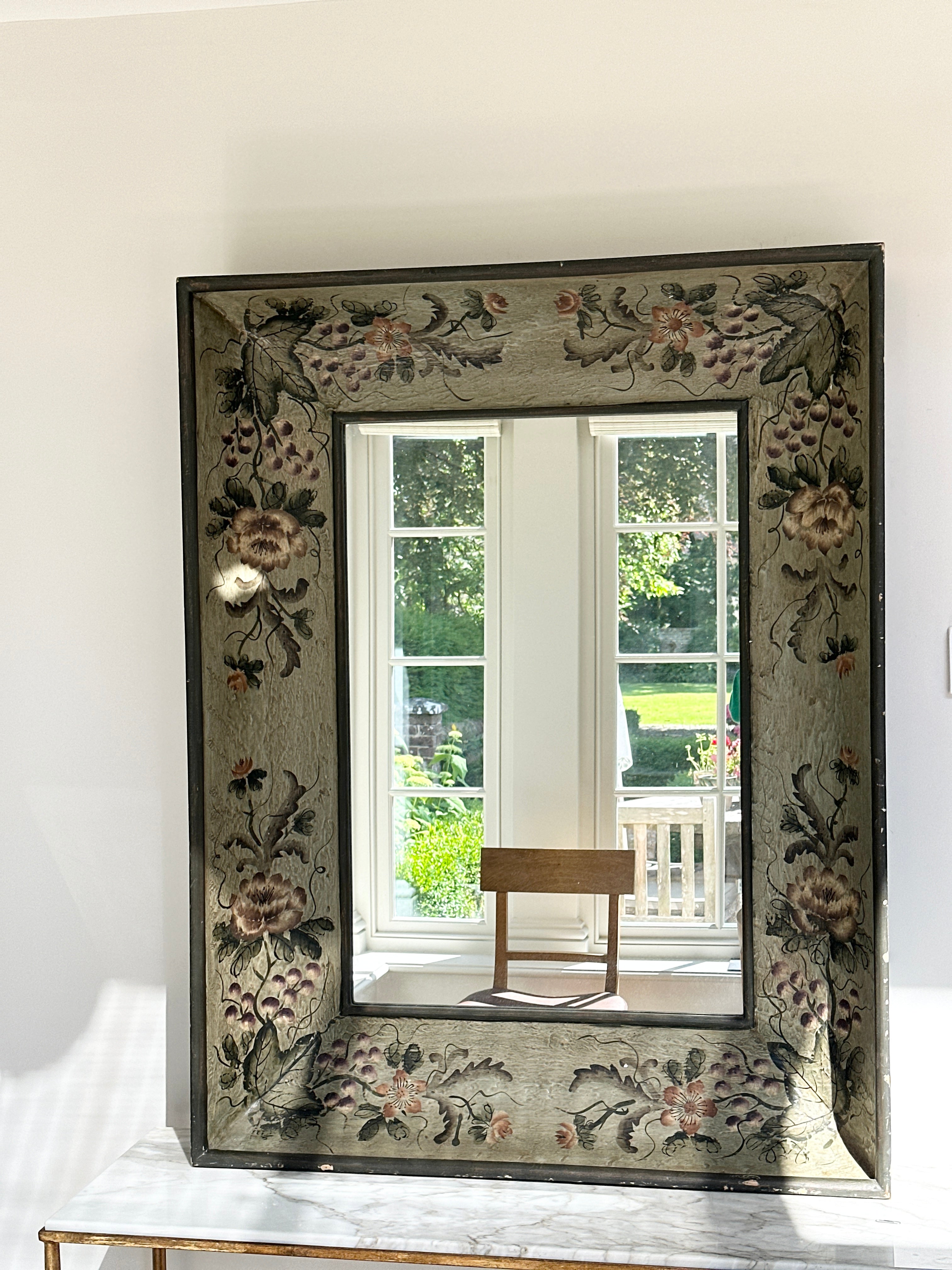 Large Vintage Wooden Dark Green Mirror with hand painted floral motifs