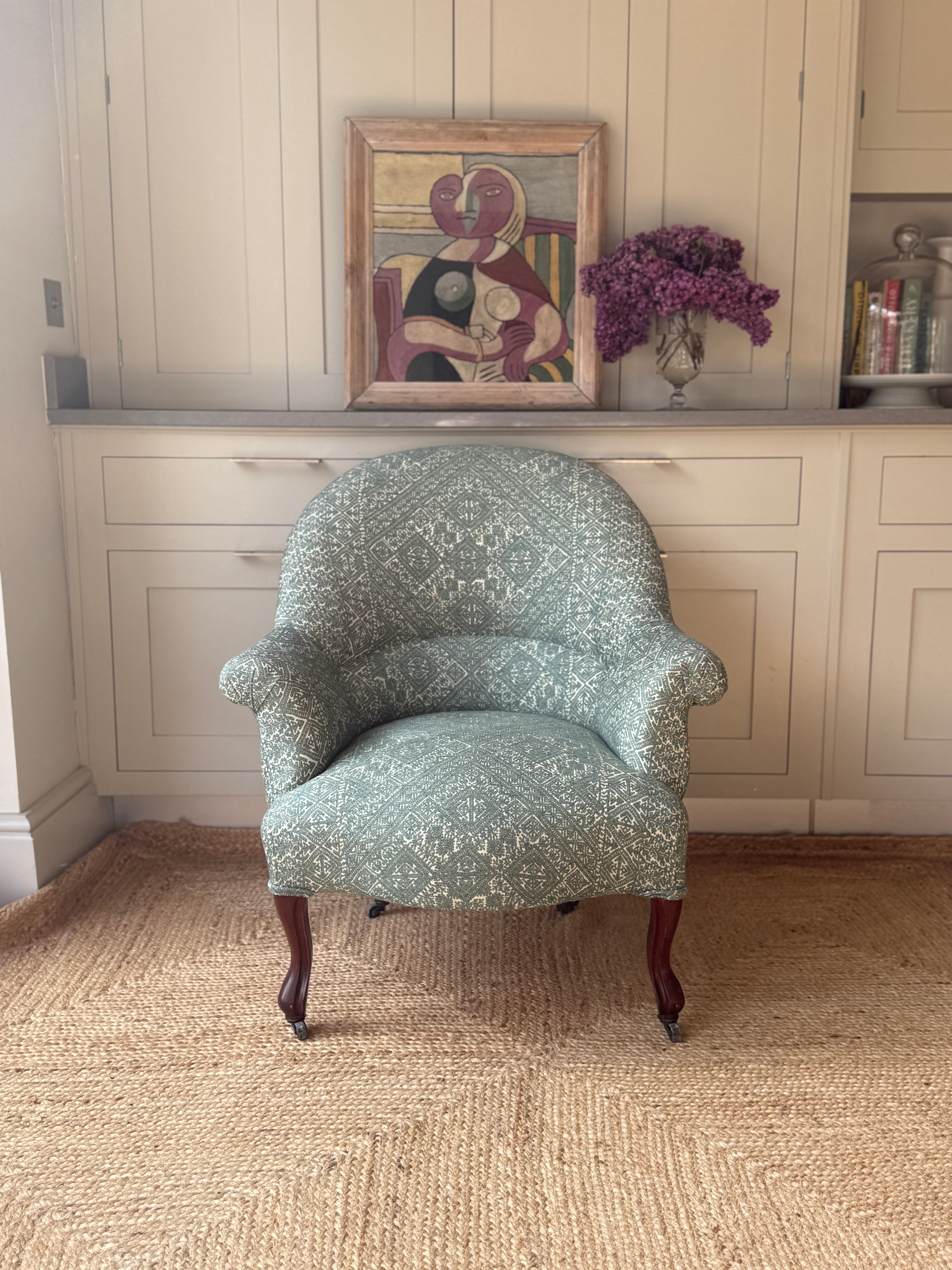 Antique French Tub Chair in GG Fez Weave Seafoam