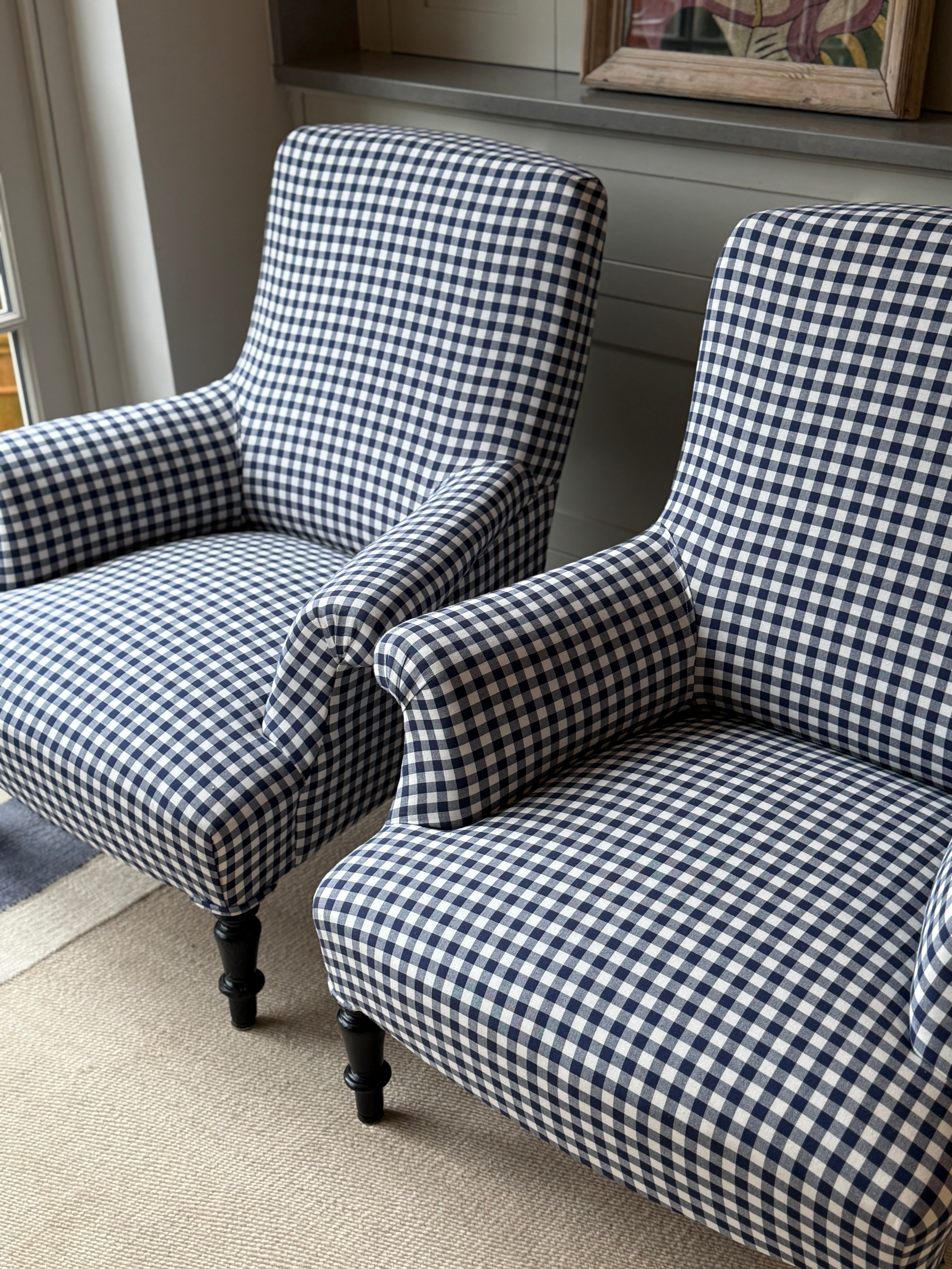 Pair of French Squareback Armchairs in Blue Gingham