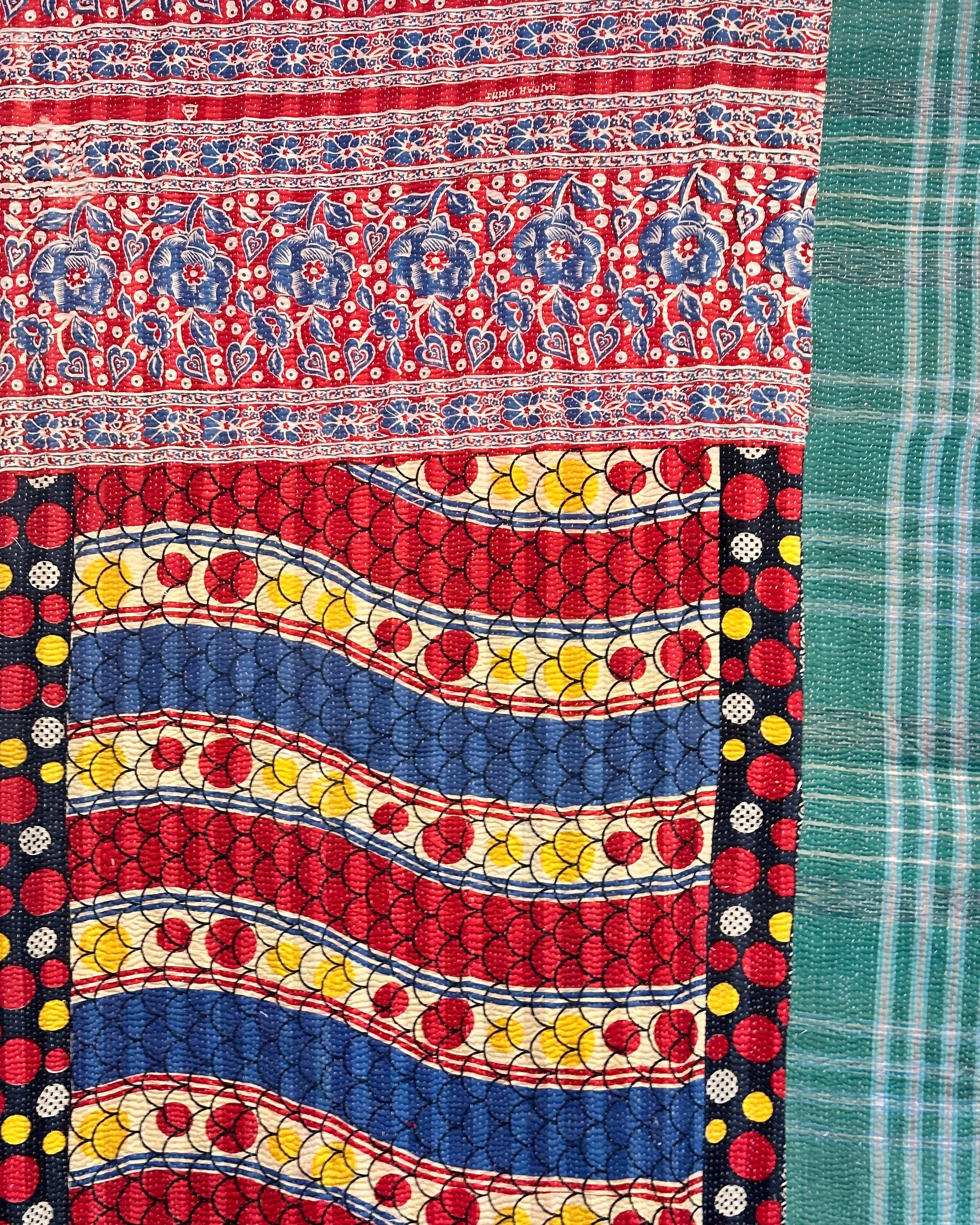 Vintage Kantha Quilt - Red,Blue Yellow