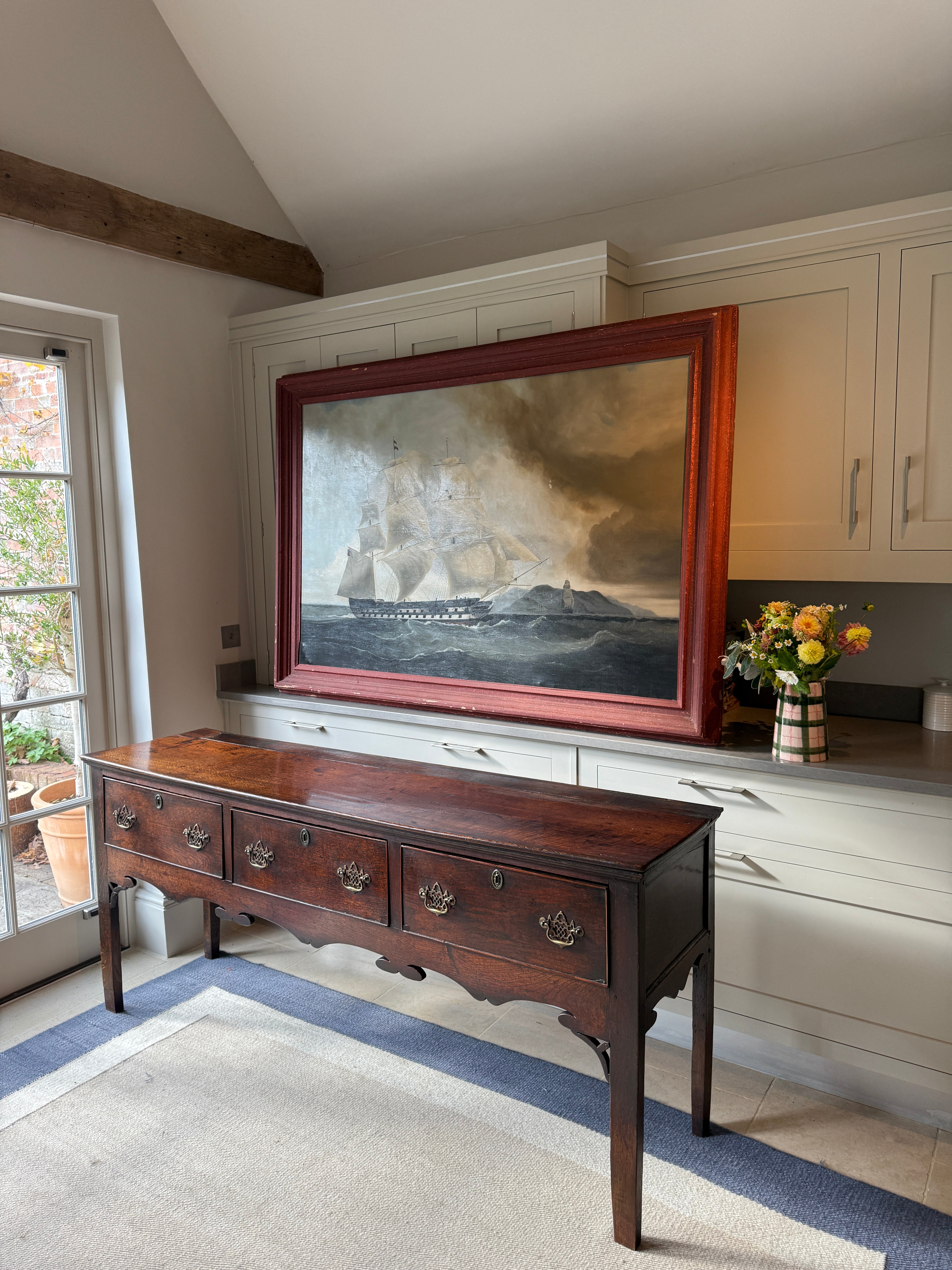 Large Naive Oil Painting of huge Sail boat in Harbour by A Findlay