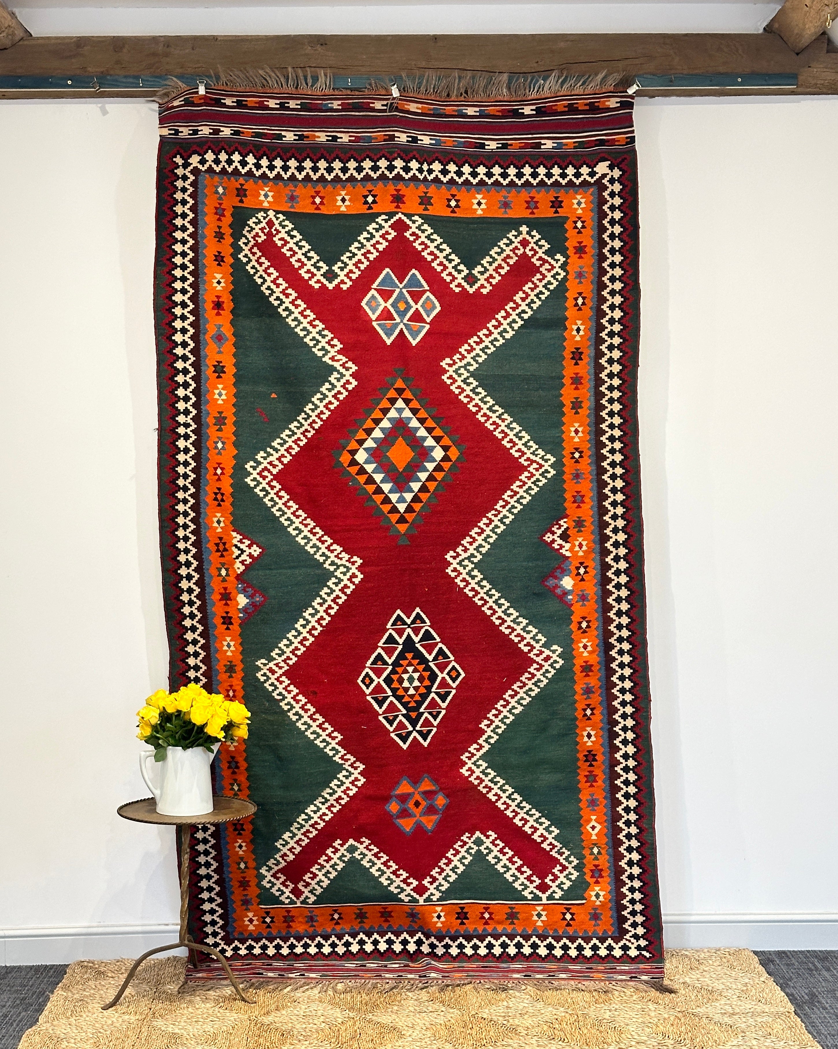 Vintage Persian Qashqai Kilim in vibrant colour.