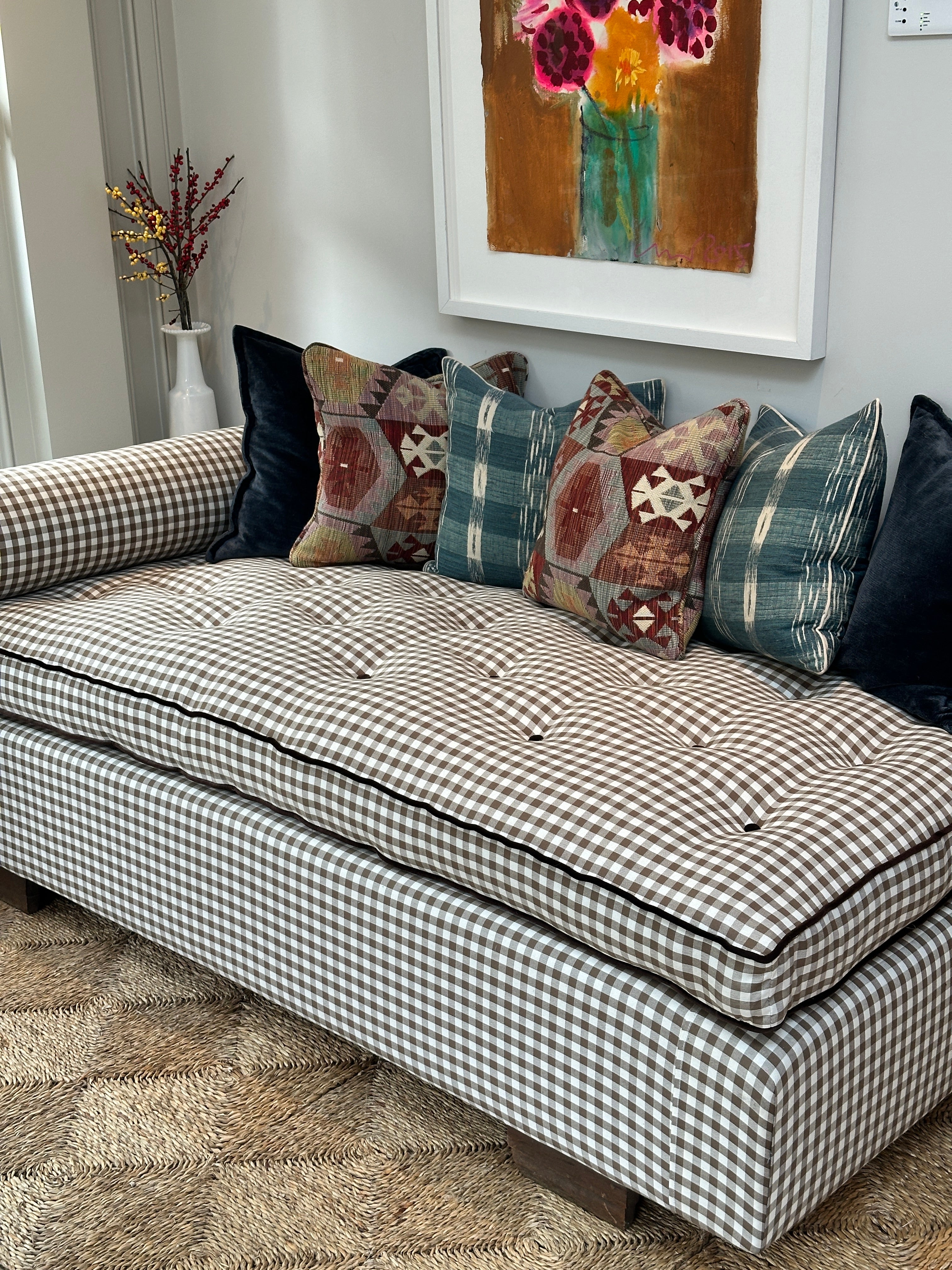 Large Daybed with Squab cushion in brown gingham and brown velvet piping and buttons.